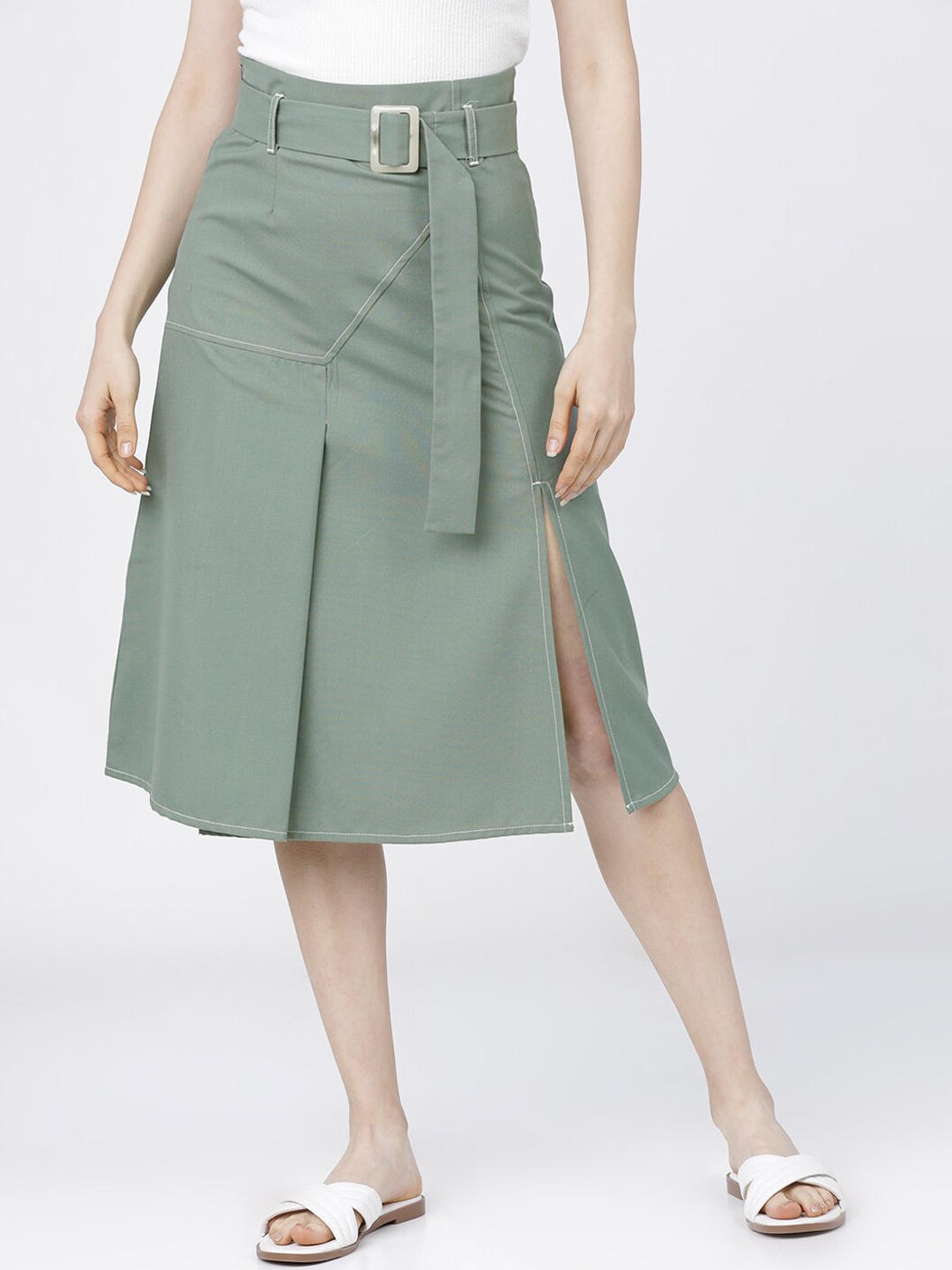 

Tokyo Talkies Women Green Solid A-Line Midi Skirt With Belt