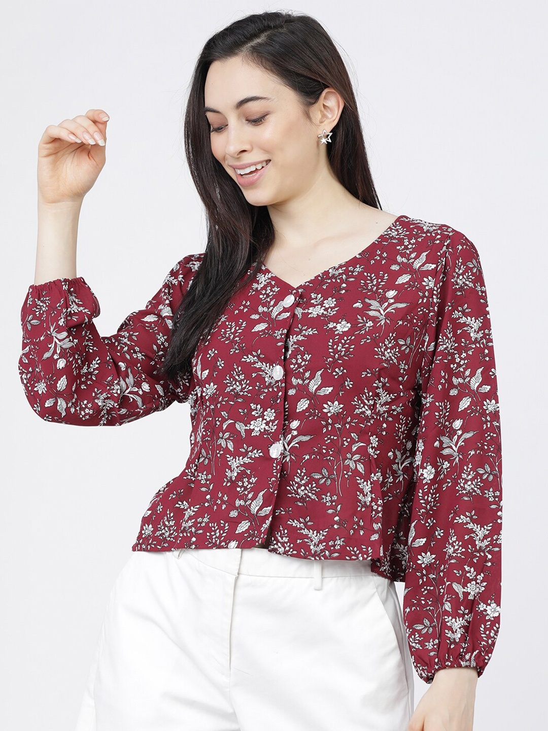 

Tokyo Talkies Burgundy & White Floral Puff Sleeve Shirt Style Top