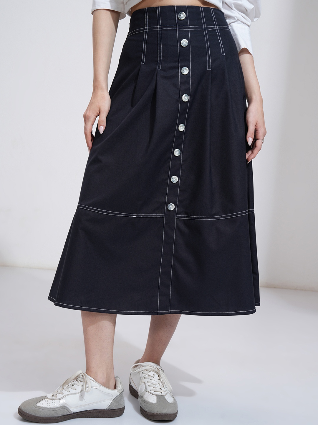 

Tokyo Talkies Women Navy Blue Solid Casual-Fit Midi A-Line Skirt