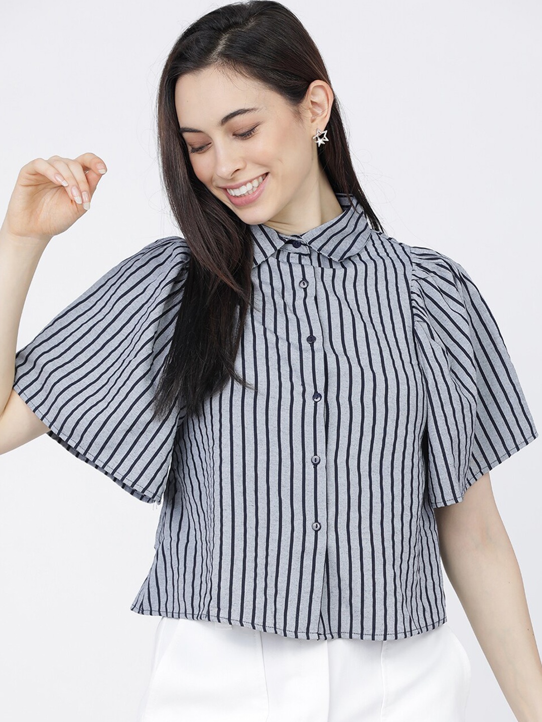 

Tokyo Talkies Women Navy Blue Striped Casual Shirt
