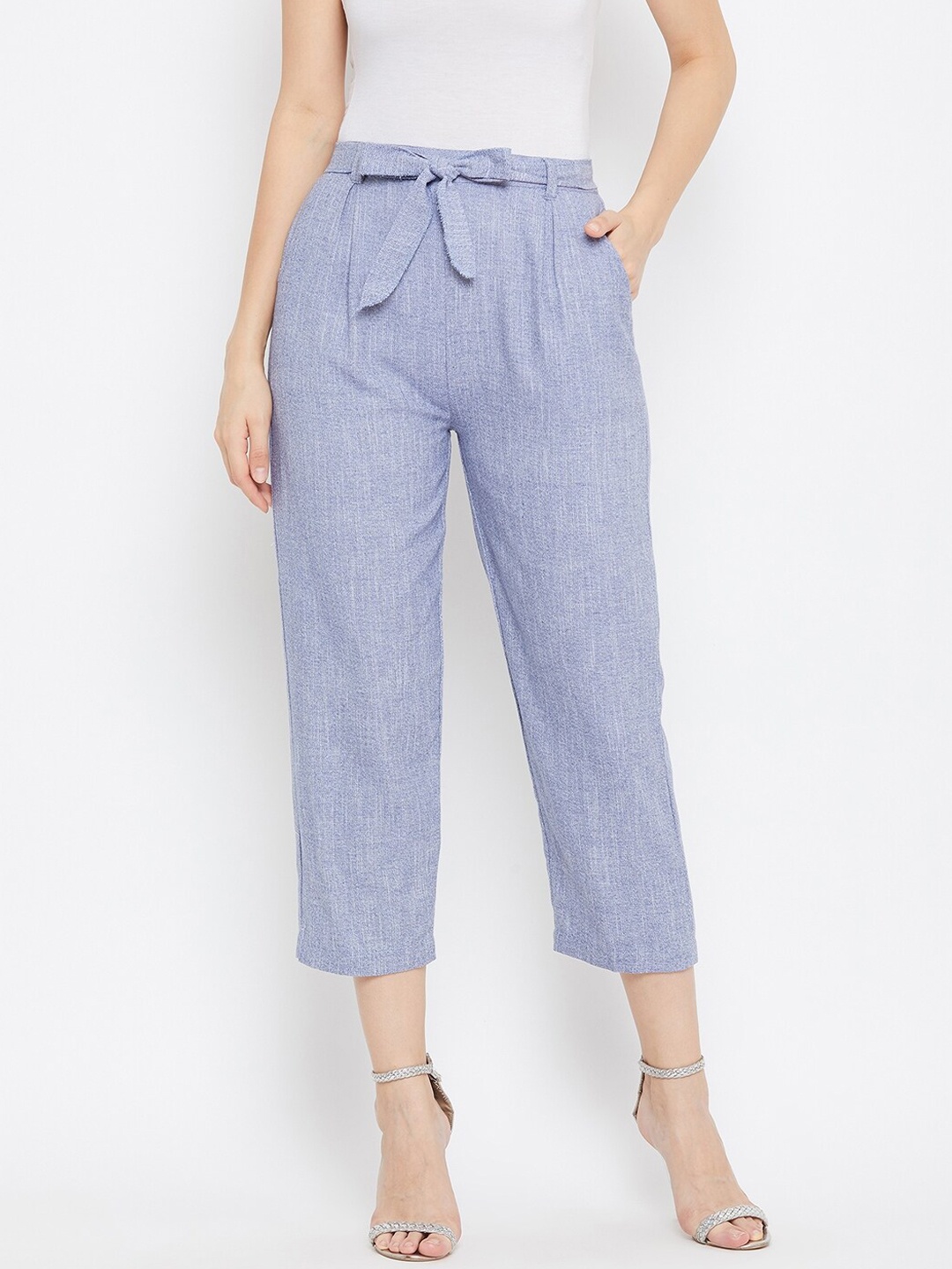 

Clora Creation Women Blue Solid Smart Cropped Mid-Rise Knitted Flat-Front Peg Trousers