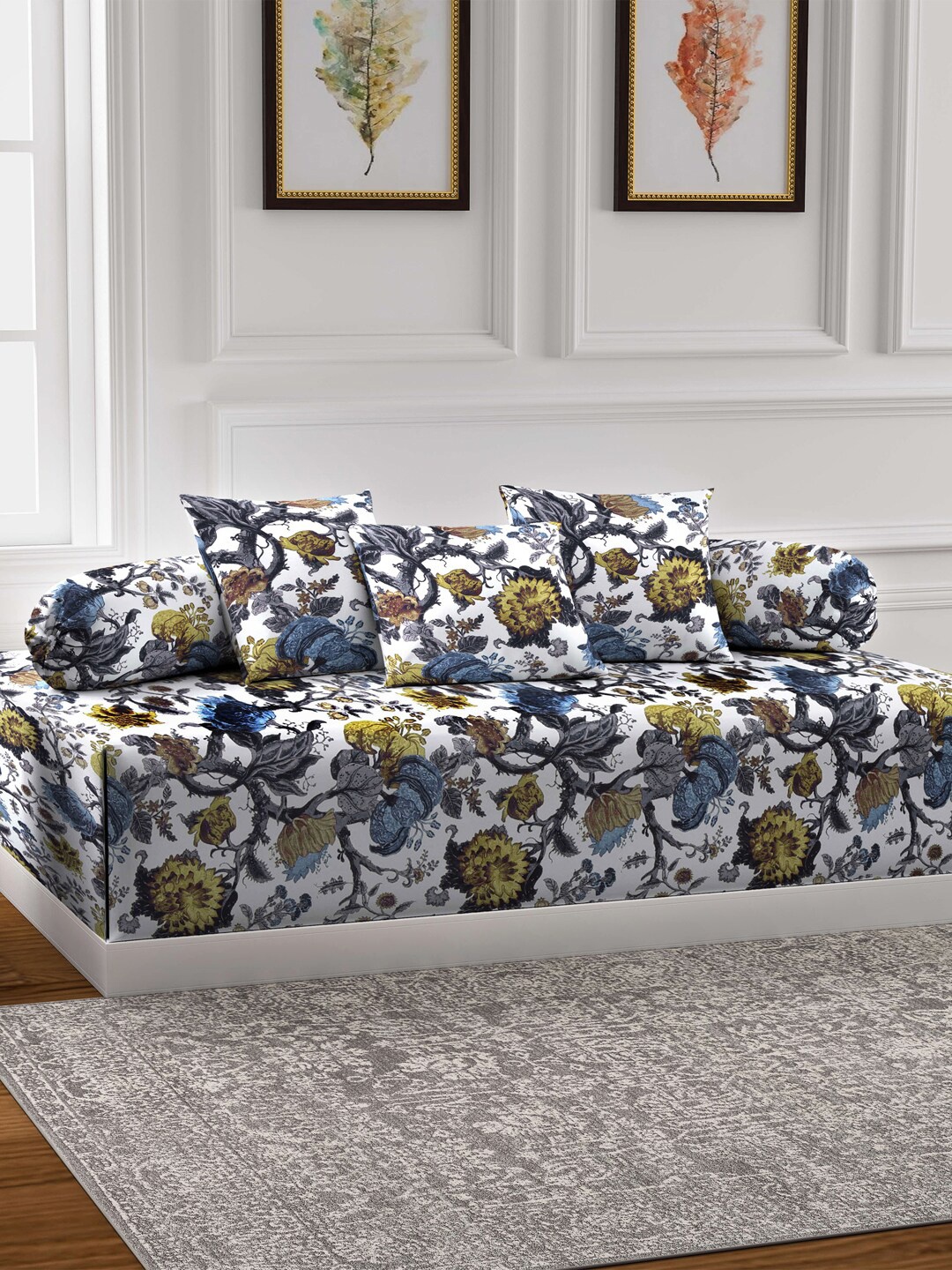 

KLOTTHE White Printed Single Bedsheet With 2 Bolster Covers & 3 Cushion Covers