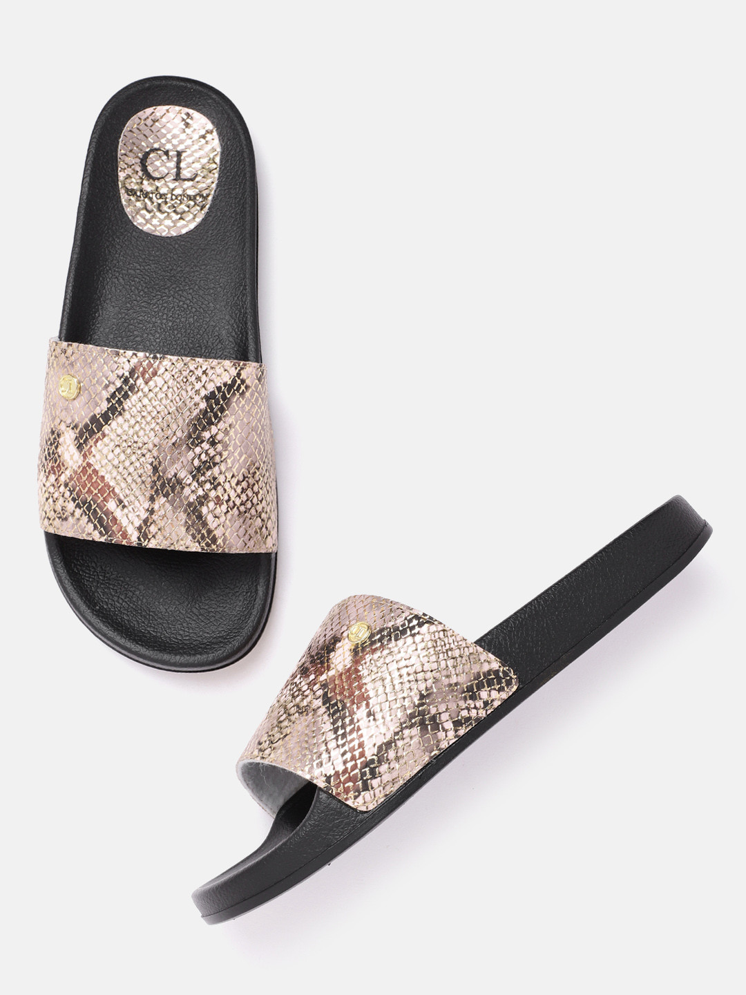 

Carlton London Women Pink & Gold-Toned Snakeskin Textured Open Toe Flats