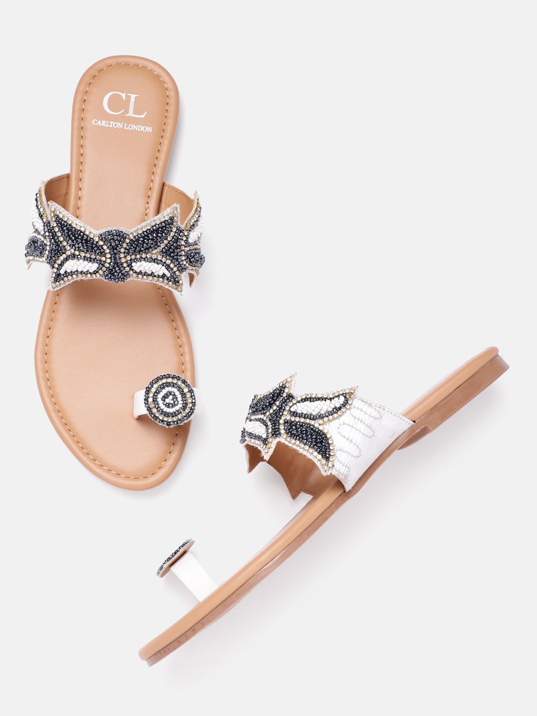 

Carlton London Women Gunmetal-Toned & White Beaded One Toe Flats, Metallic