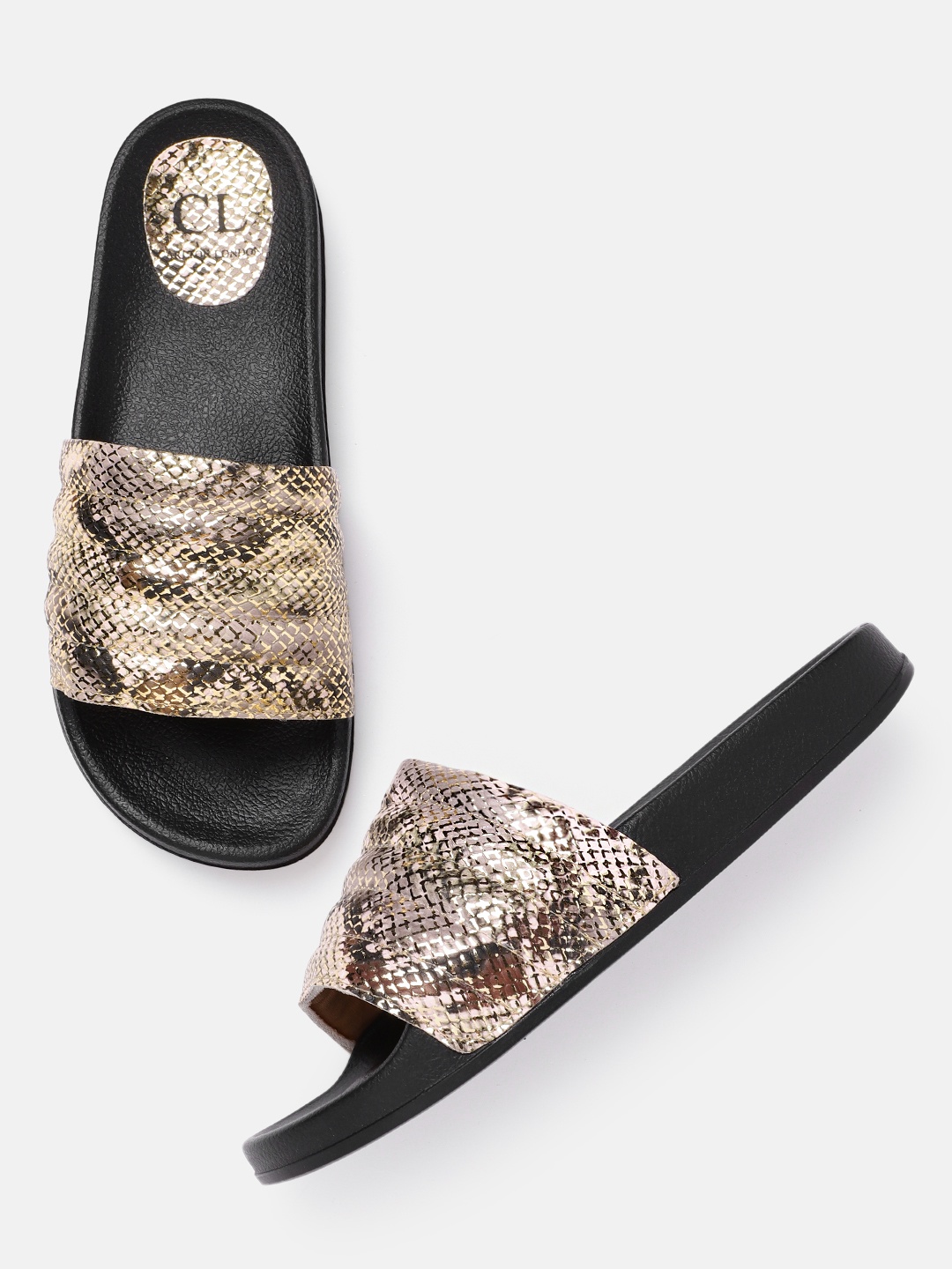 

Carlton London Women Gold-Toned & Dusty Pink Snakeskin Textured Open Toe Flats