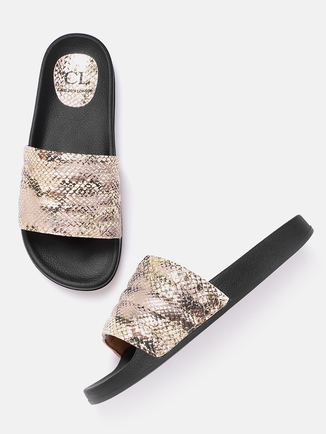 

Carlton London Women Gold-Toned & Dusty Pink Snakeskin Textured Open Toe Flats