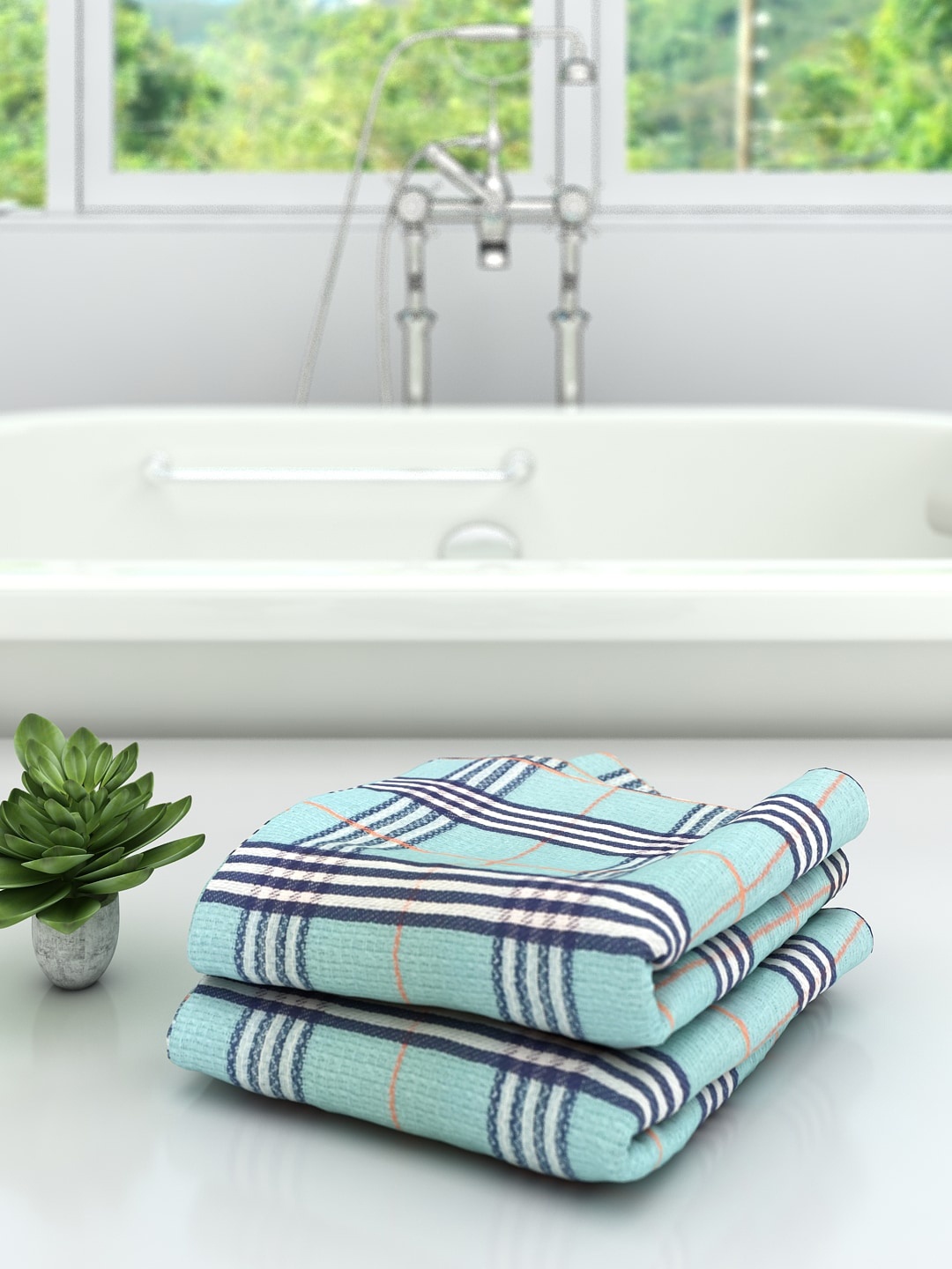

Athom Trendz Set Of 2 Checked Pure Cotton 210 GSM Lightweight Bath Towels, Turquoise blue