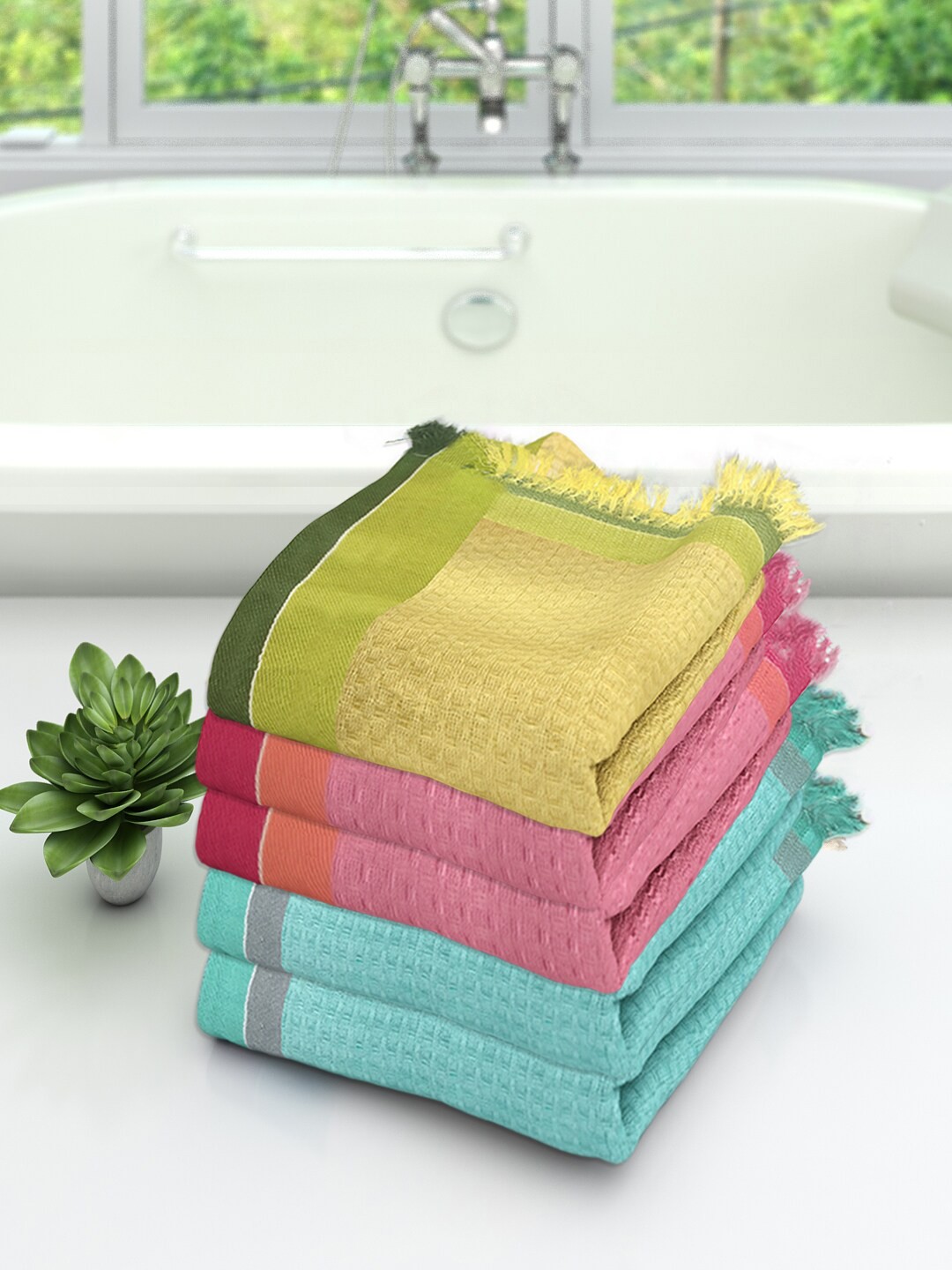 

Athom Trendz Set Of 5 Woven-Design Pure Cotton 210 GSM Lightweight Bath Towels, Pink
