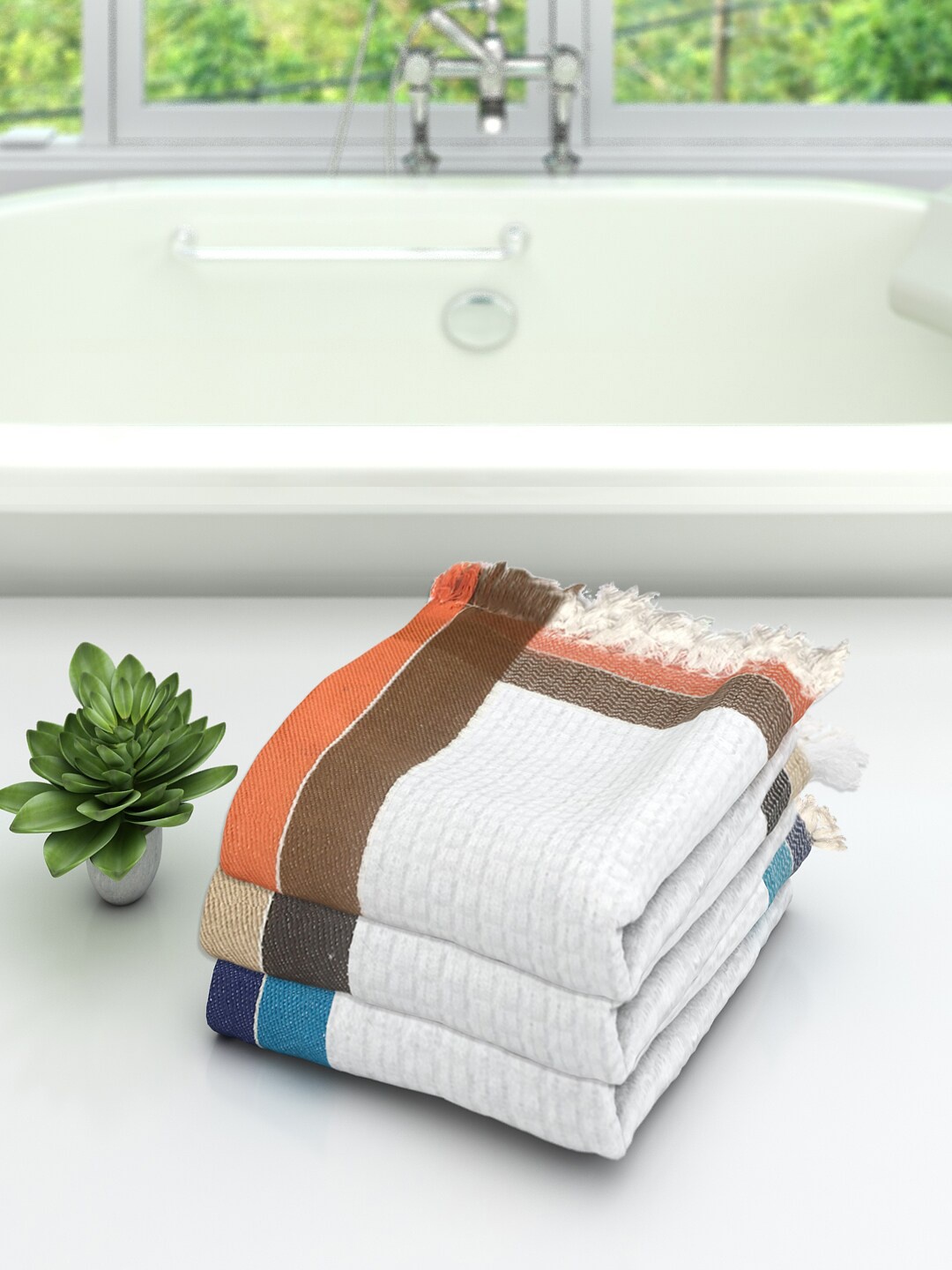 

Athom Trendz Set Of 3 Woven-Design Pure Cotton 210 GSM Lightweight Bath Towels, White