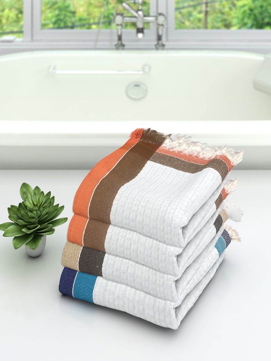 

Athom Trendz Set Of 4 Striped Pure Cotton 210 GSM Bath Towels, White