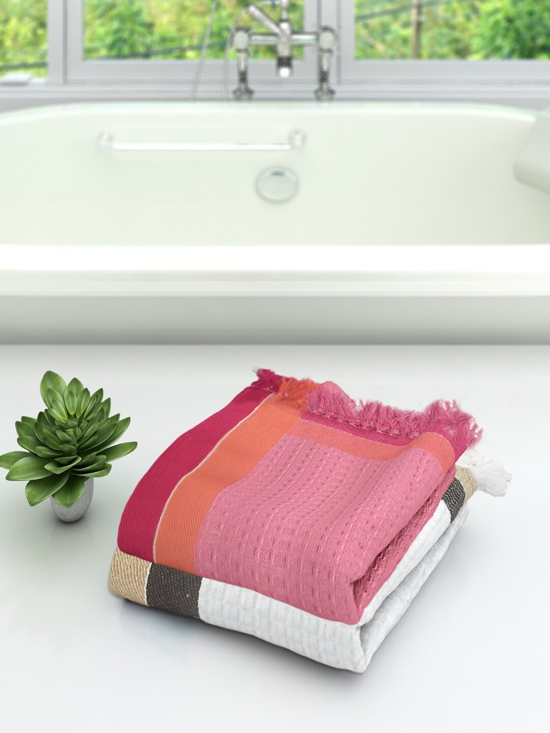 

Athom Trendz Set Of 2 Woven-Design Pure Cotton 210 GSM Lightweight Bath Towels, Pink