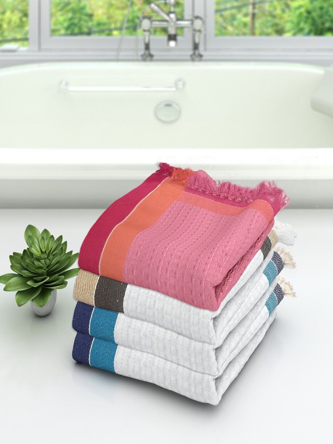 

Athom Trendz Set Of 4 Woven-Design Pure Cotton 210 GSM Lightweight Bath Towels, Pink