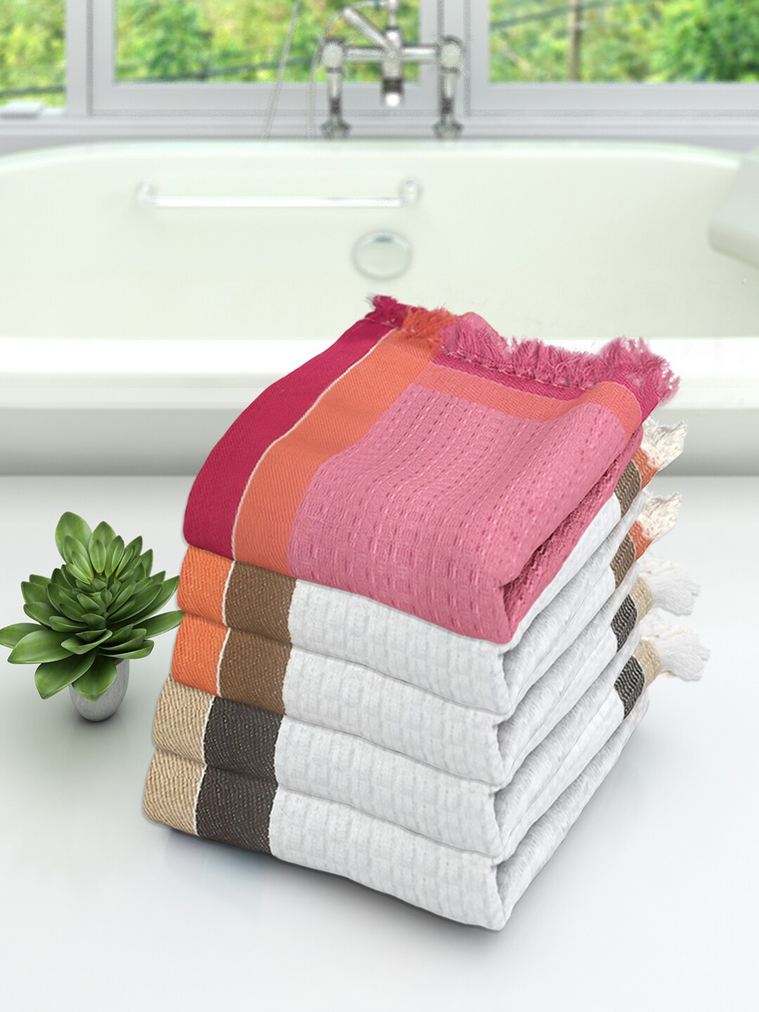 

Athom Trendz Set Of 5 Woven-Design Pure Cotton 210 GSM Lightweight Bath Towels, Pink