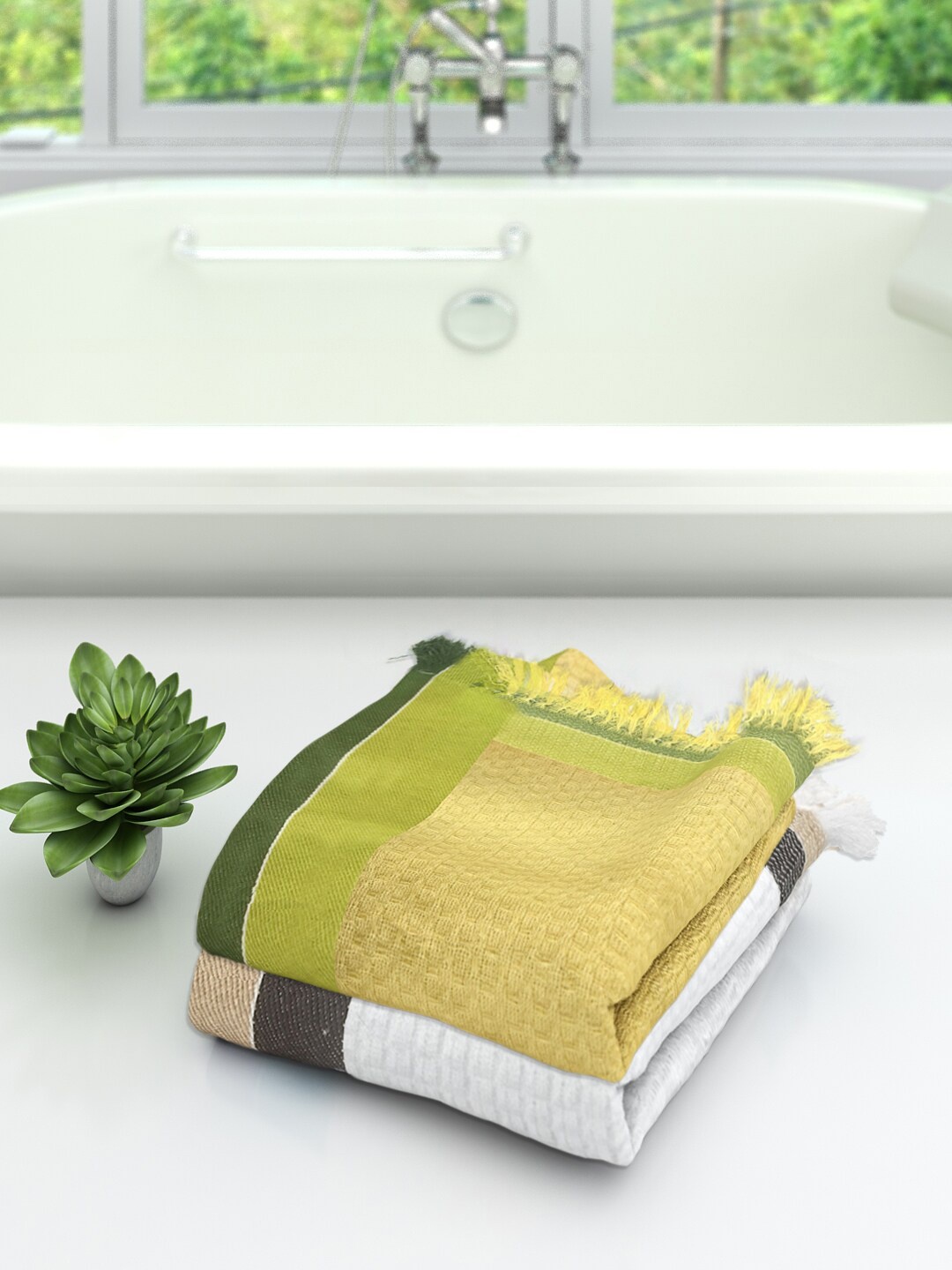 

Athom Trendz Set Of 2 Striped Pure Cotton 210 GSM Bath Towels, Yellow
