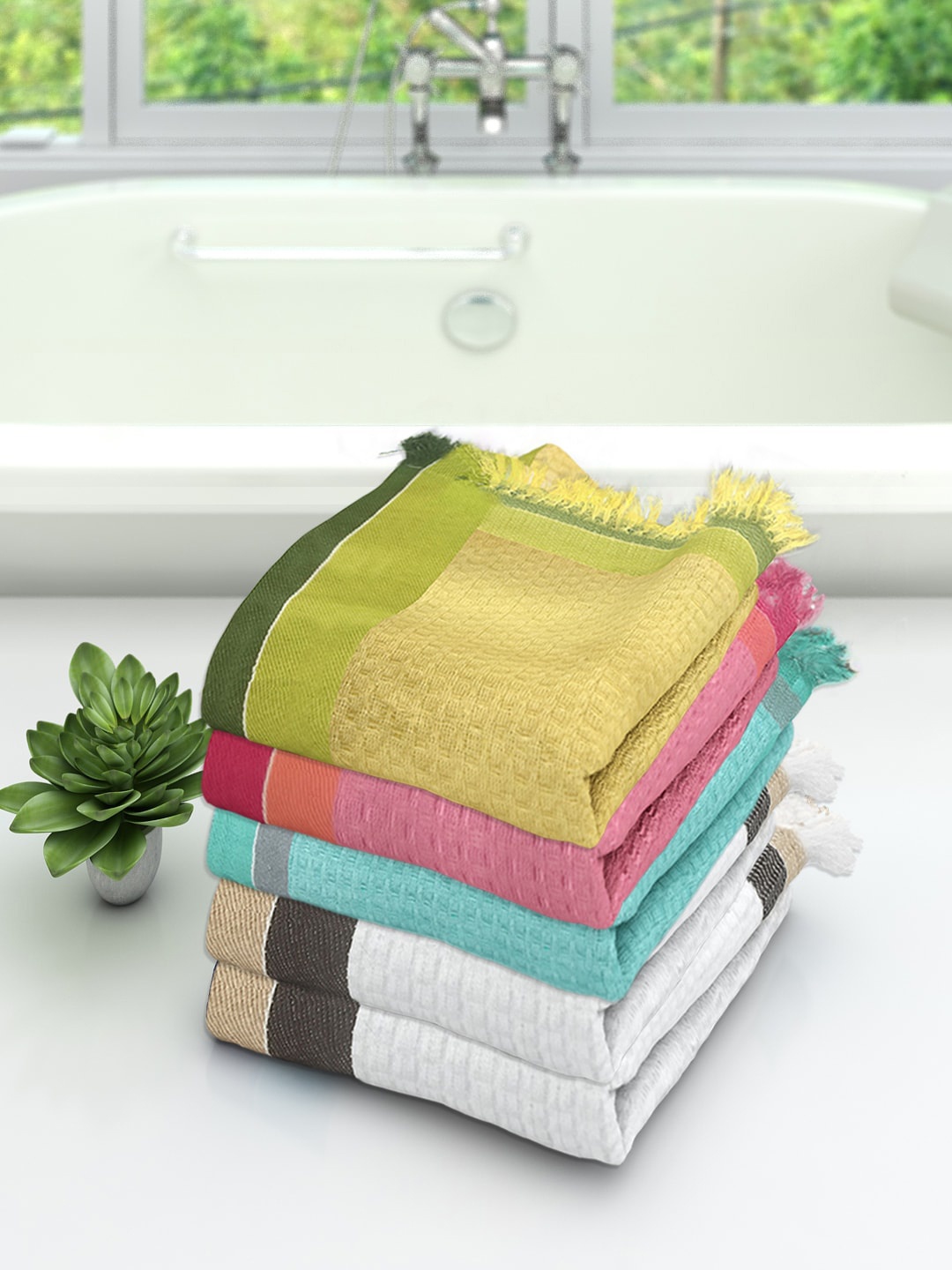 

Athom Trendz Set Of 5 Striped Pure Cotton 210 GSM Bath Towels, Yellow