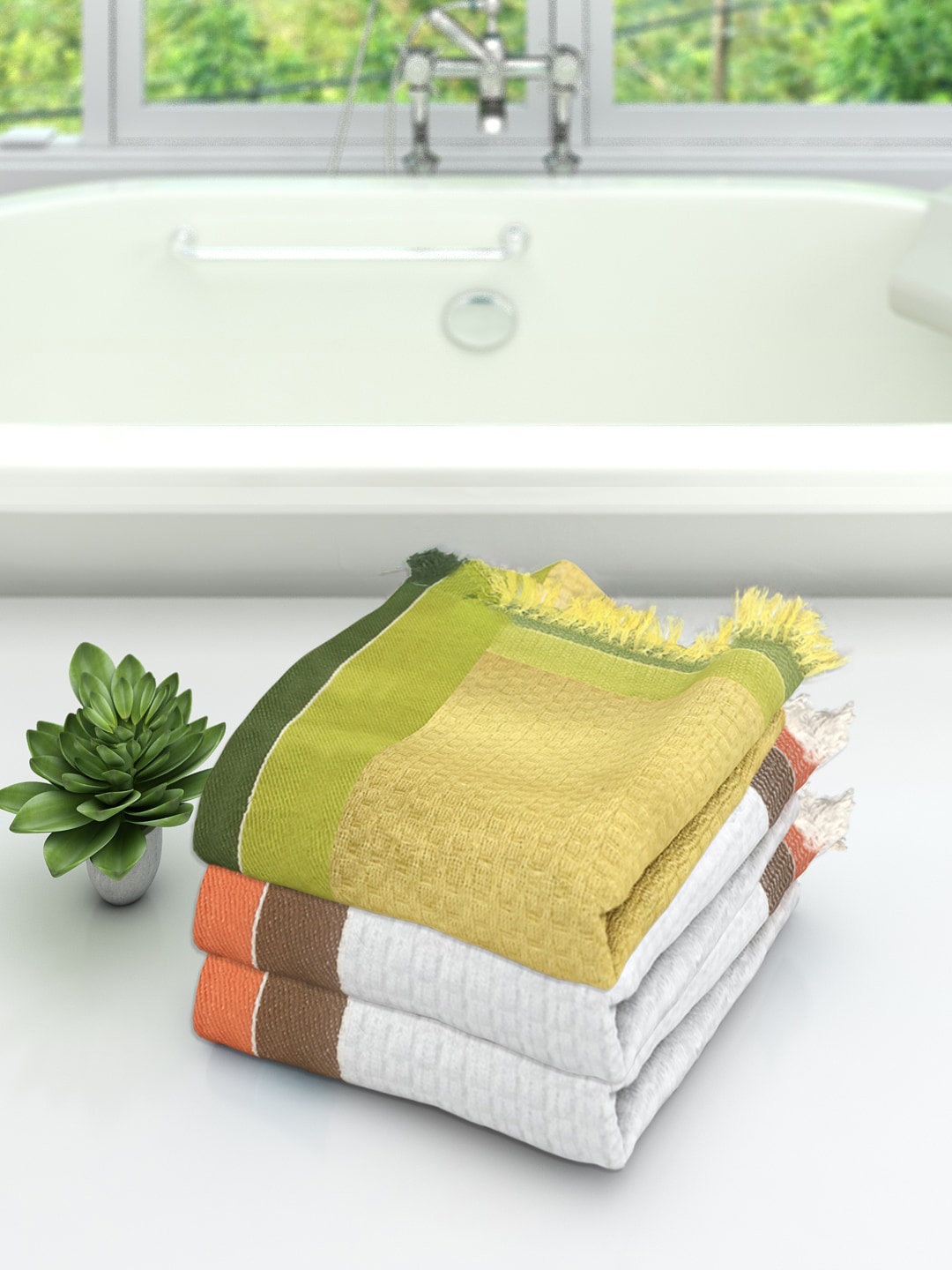 

Athom Trendz Set Of 3 Striped Pure Cotton 210 GSM Bath Towels, Yellow