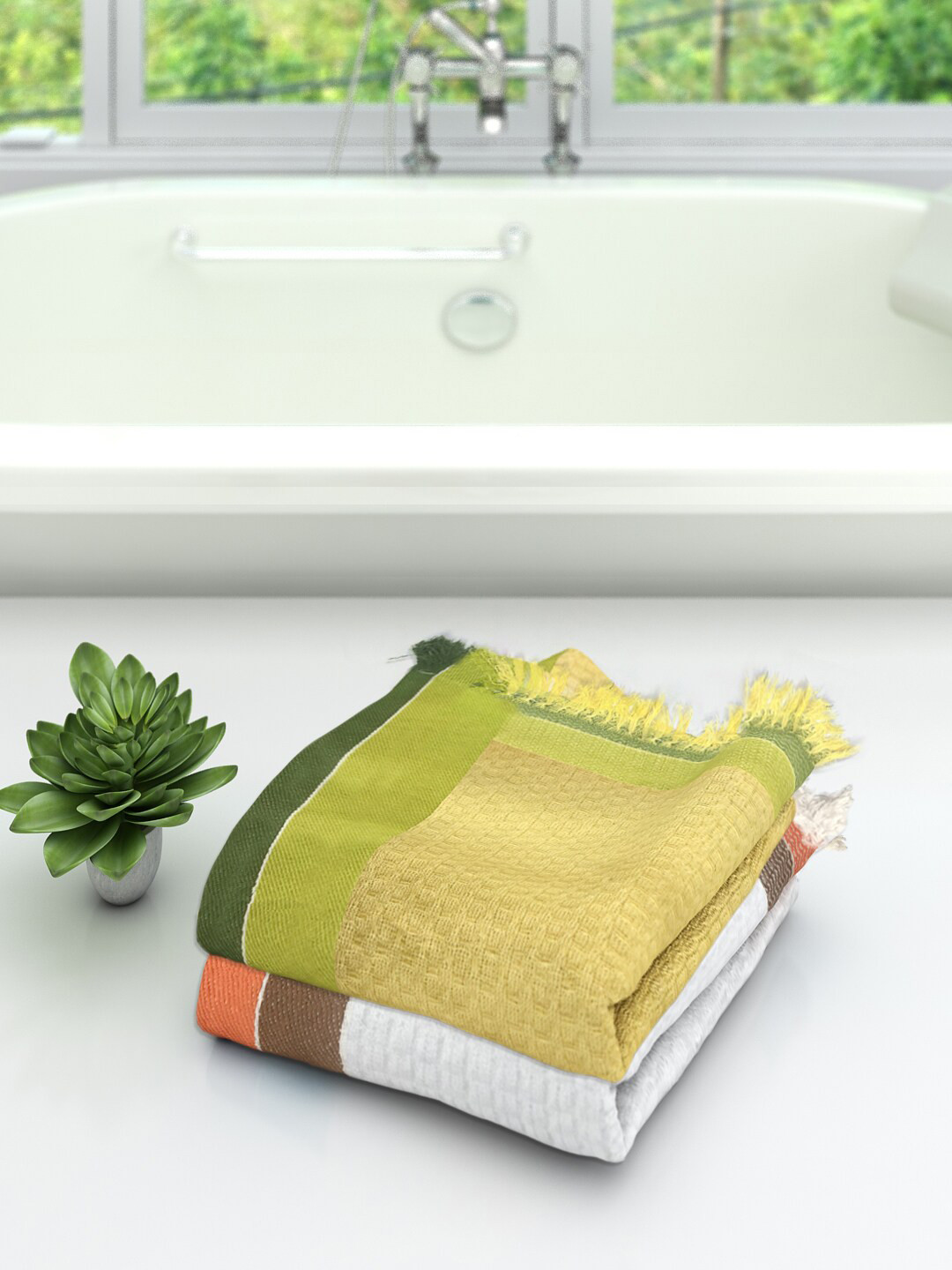

Athom Trendz Set Of 2 Striped Pure Cotton 210 GSM Bath Towels, Yellow