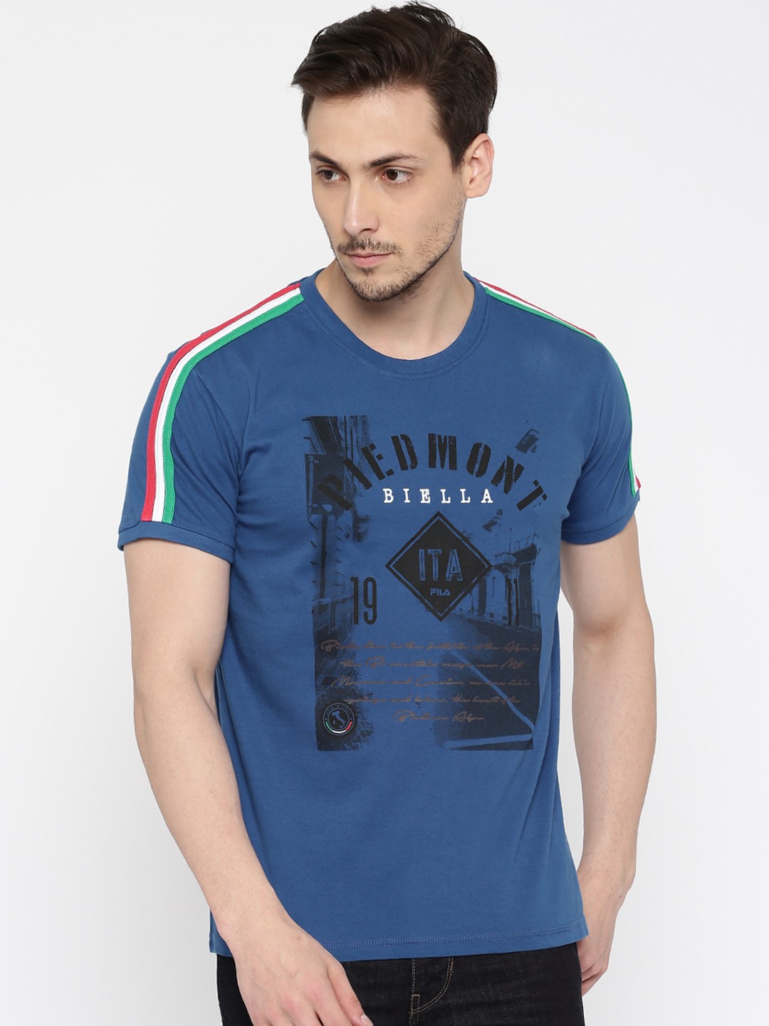 

FILA Men Blue Vessel Printed Round Neck Pure Cotton T-shirt