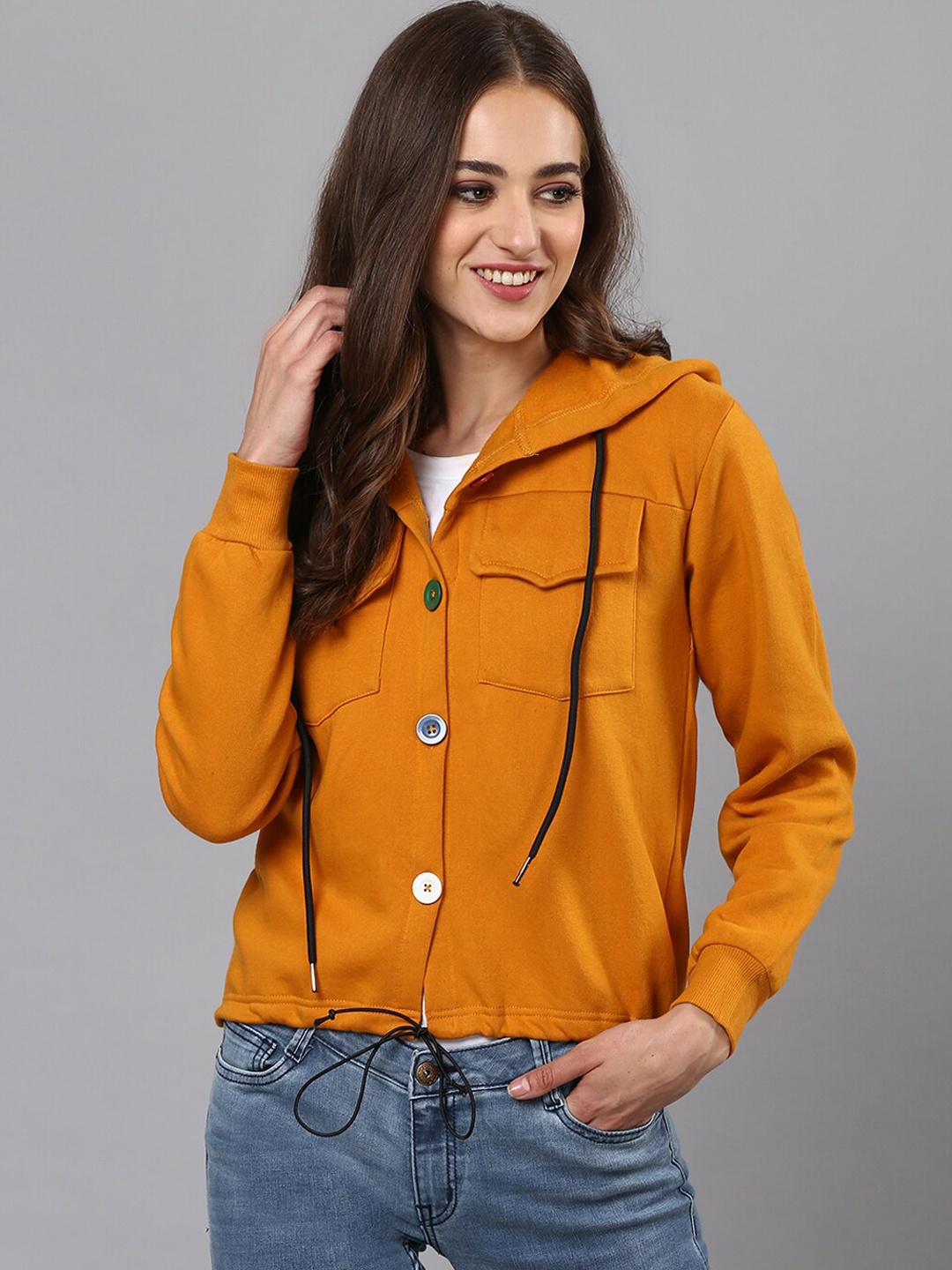 

Campus Sutra Women Mustard Yellow Solid Hooded Sweatshirt