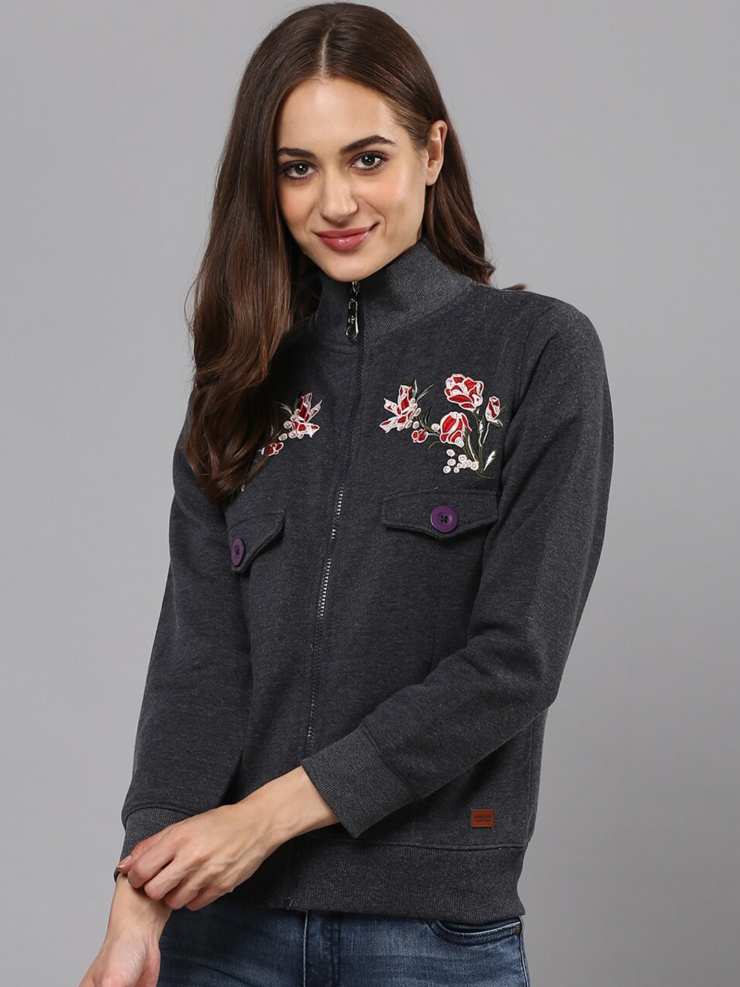 

Campus Sutra Women Charcoal Grey & Red Embroidered Sweatshirt