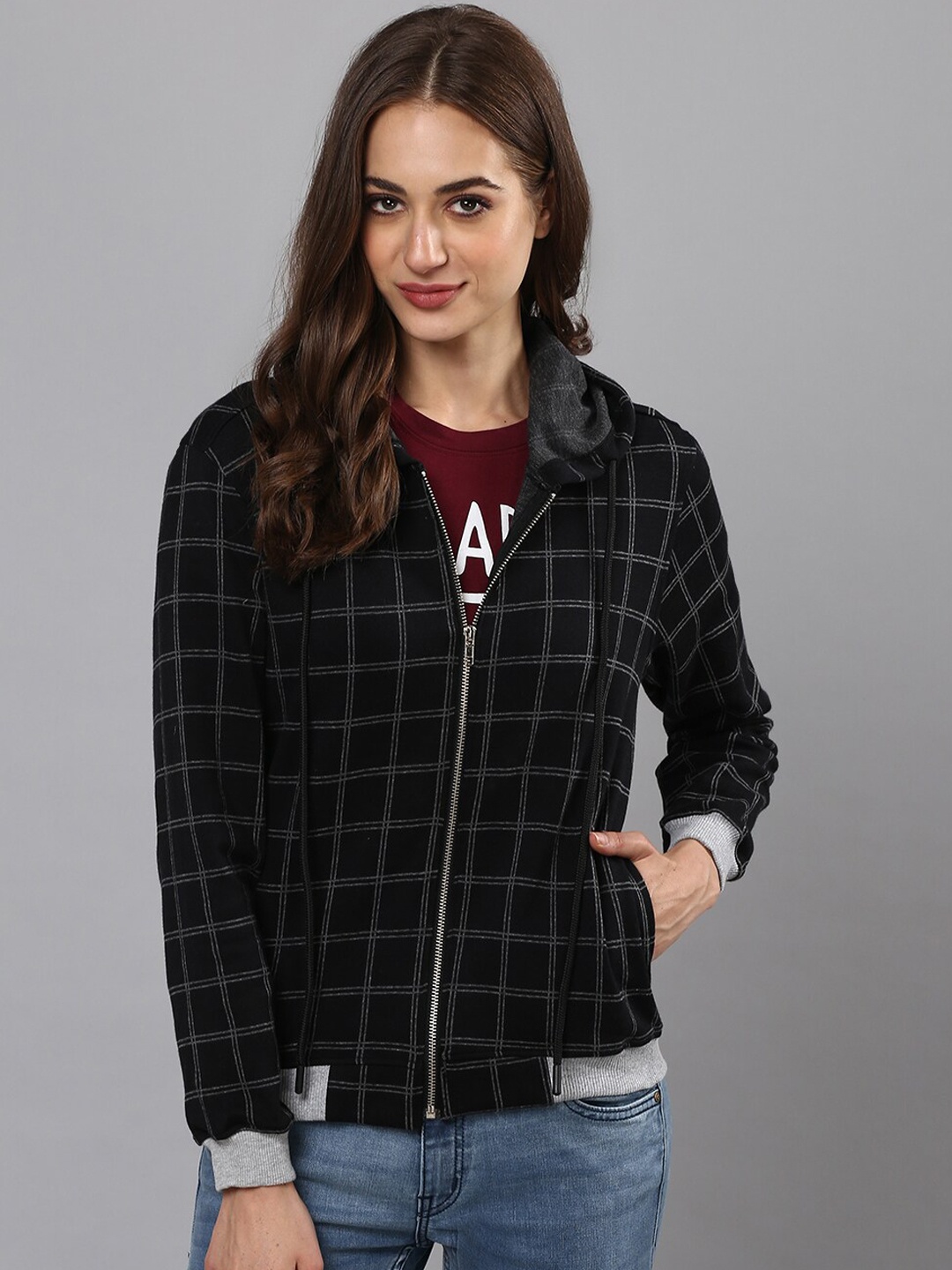 

Campus Sutra Women Black Checked Hooded Open Front Jacket