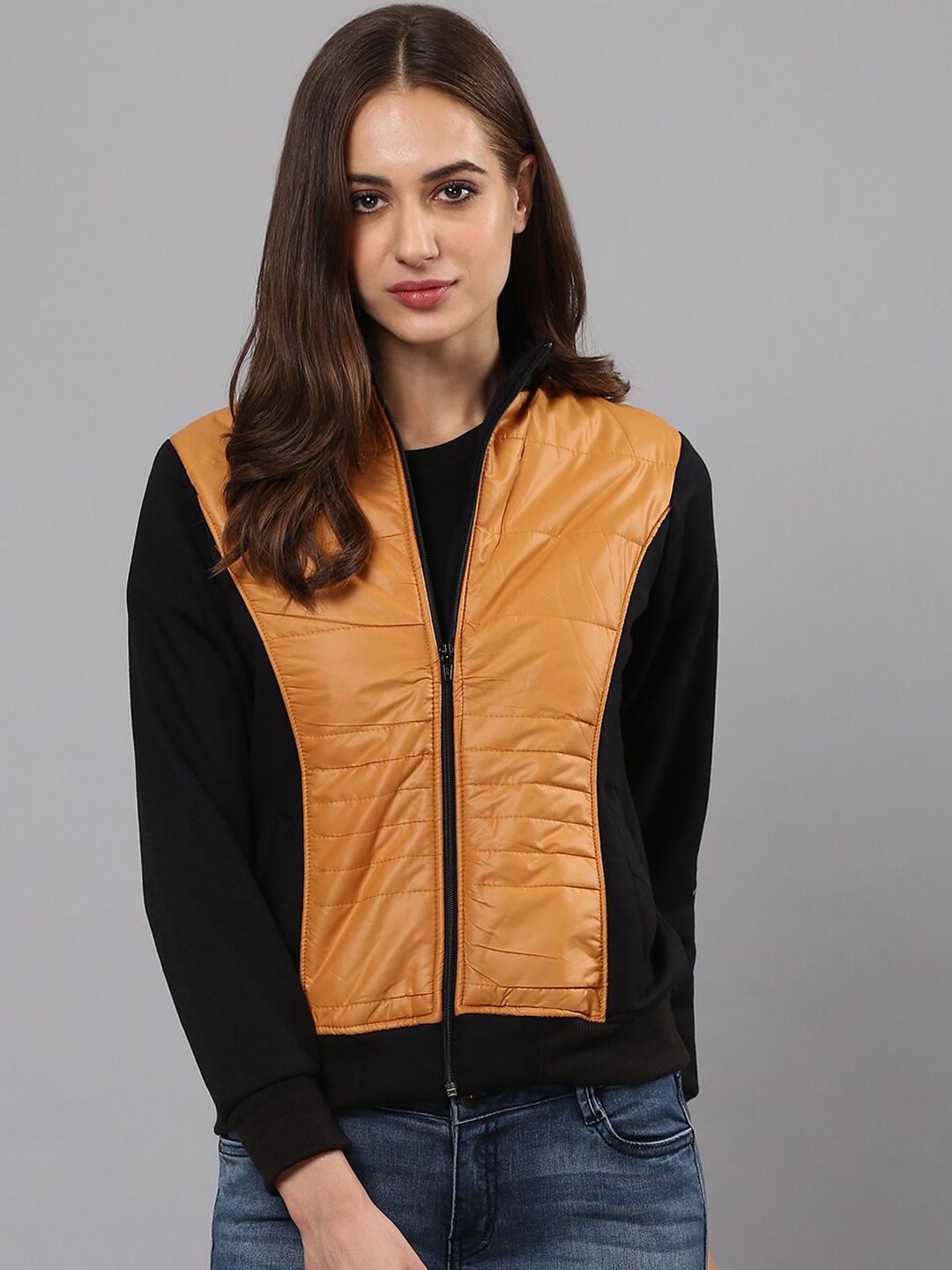 

Campus Sutra Women Black Brown Colourblocked Windcheater Biker Jacket