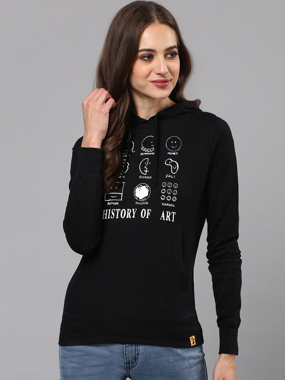 

Campus Sutra Women Black Printed Hooded Sweatshirt