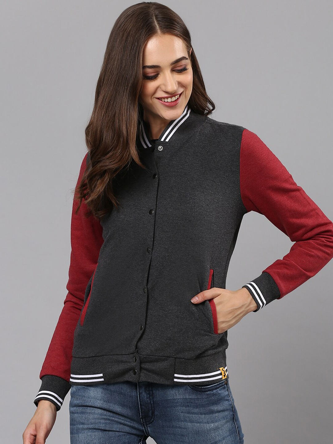 

Campus Sutra Women Charcoal & Red Colourblocked Cotton Varsity Jacket