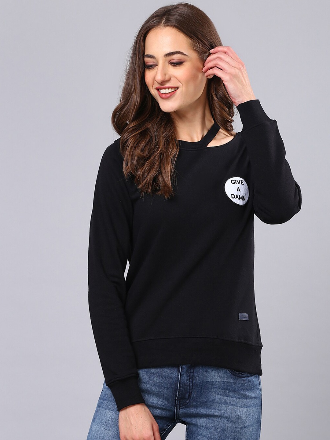 

Campus Sutra Women Black Applique Sweatshirt