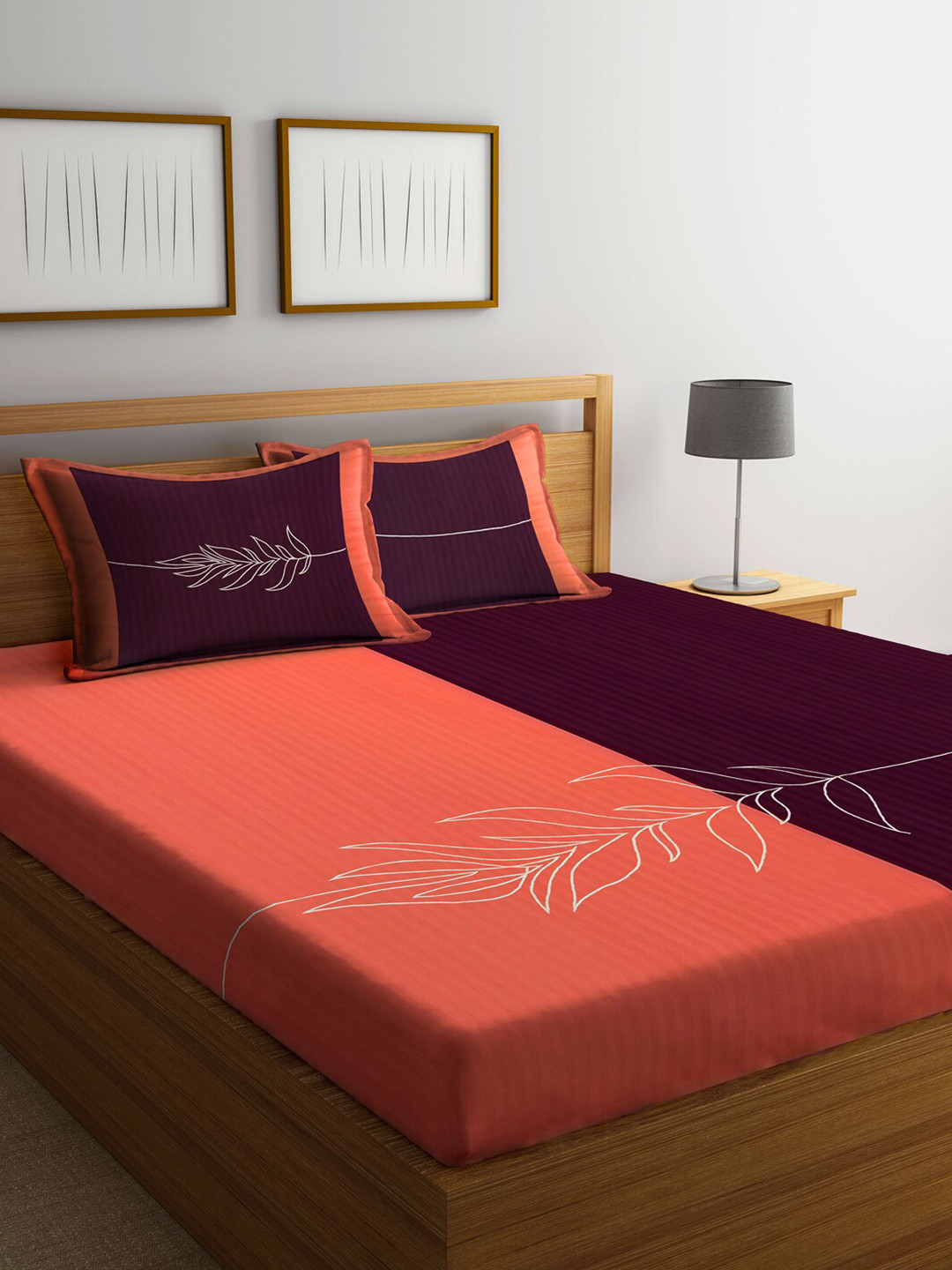 

DECOREALM Peach-Coloured & Burgundy Striped 300 TC Queen Bedsheet with 2 Pillow Covers