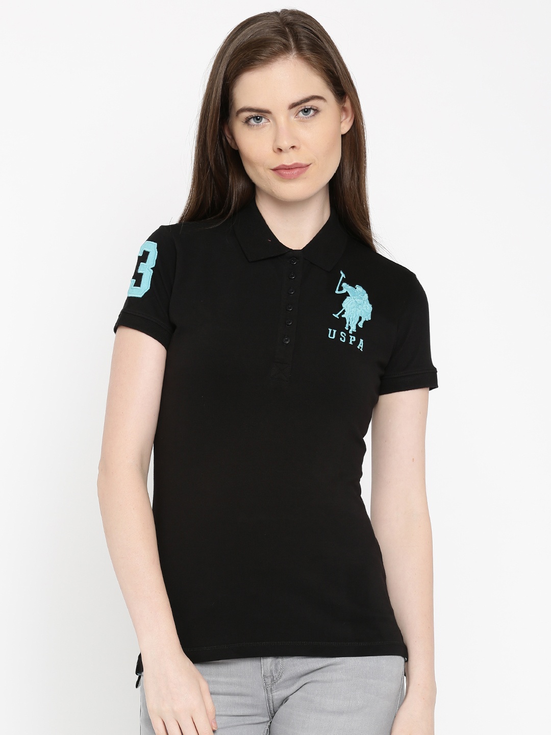 

U.S. Polo Assn. Women Black Solid Polo T-Shirt