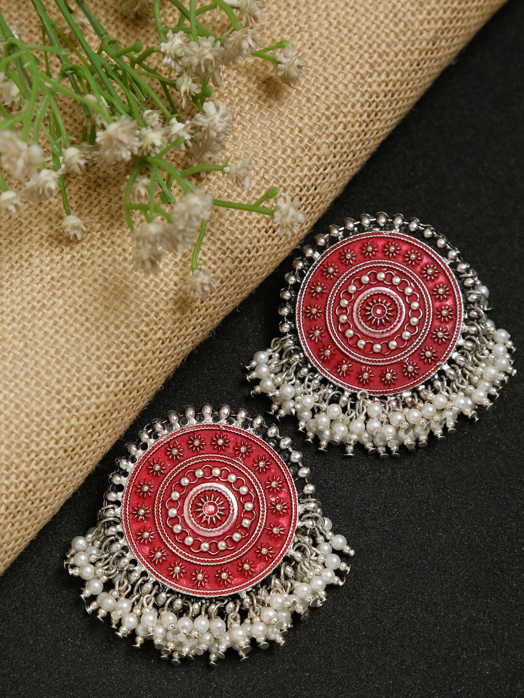 

NEUDIS Women Red Rhodium-Plated Oxidised Antique Circular Red Pearl Stud Earrings