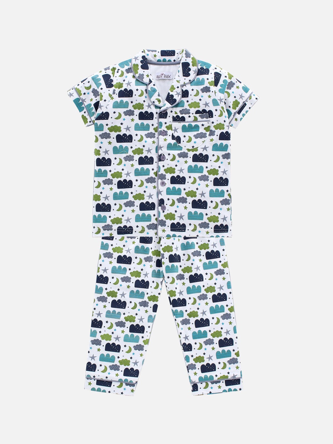 

Nite Flite Kids Off White & Blue Graphic Printed Pure Cotton Night Suit