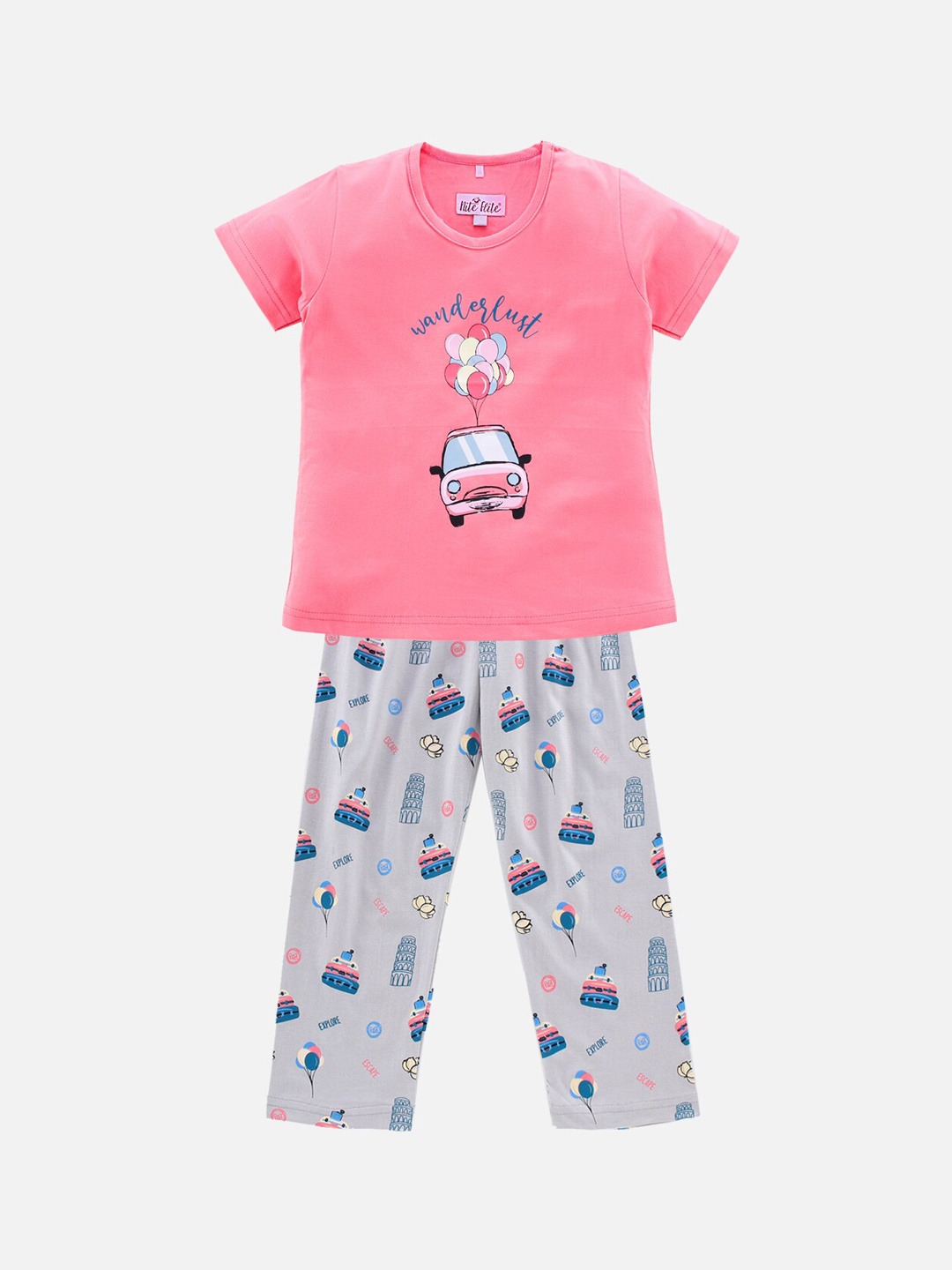 

Nite Flite Girls Pink & Grey Printed Night suit