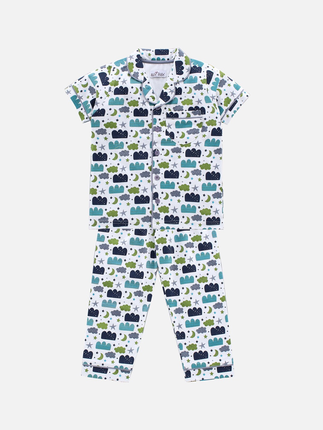 

Nite Flite Unisex Kids Off White & Navy Blue Printed Night suit
