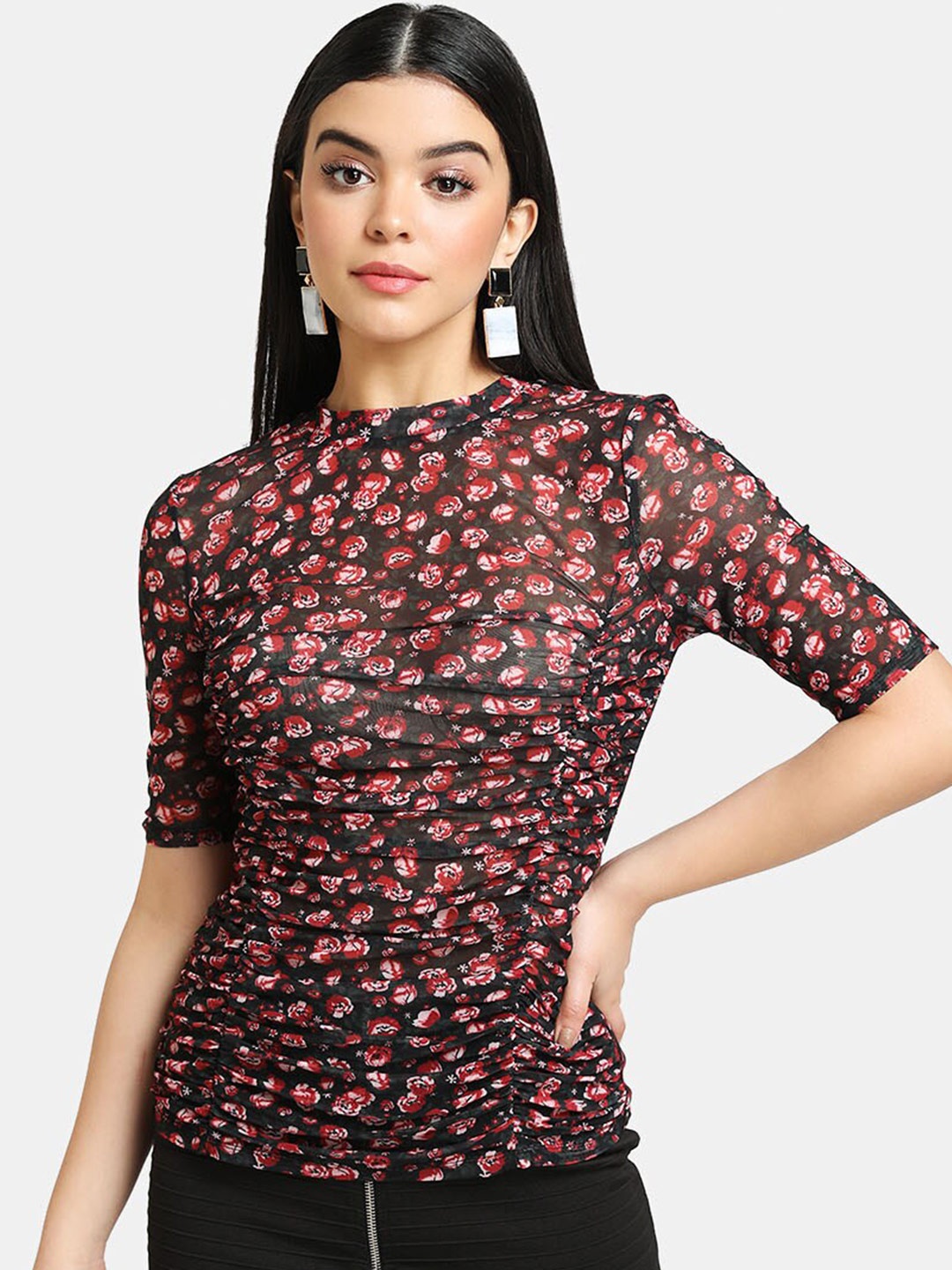 

Kazo Women Black & Red Floral Regular Top