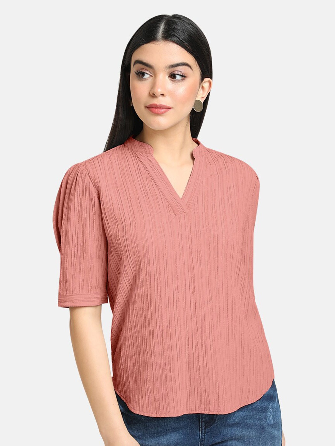 

Kazo Peach-Coloured Mandarin Collar Regular Top