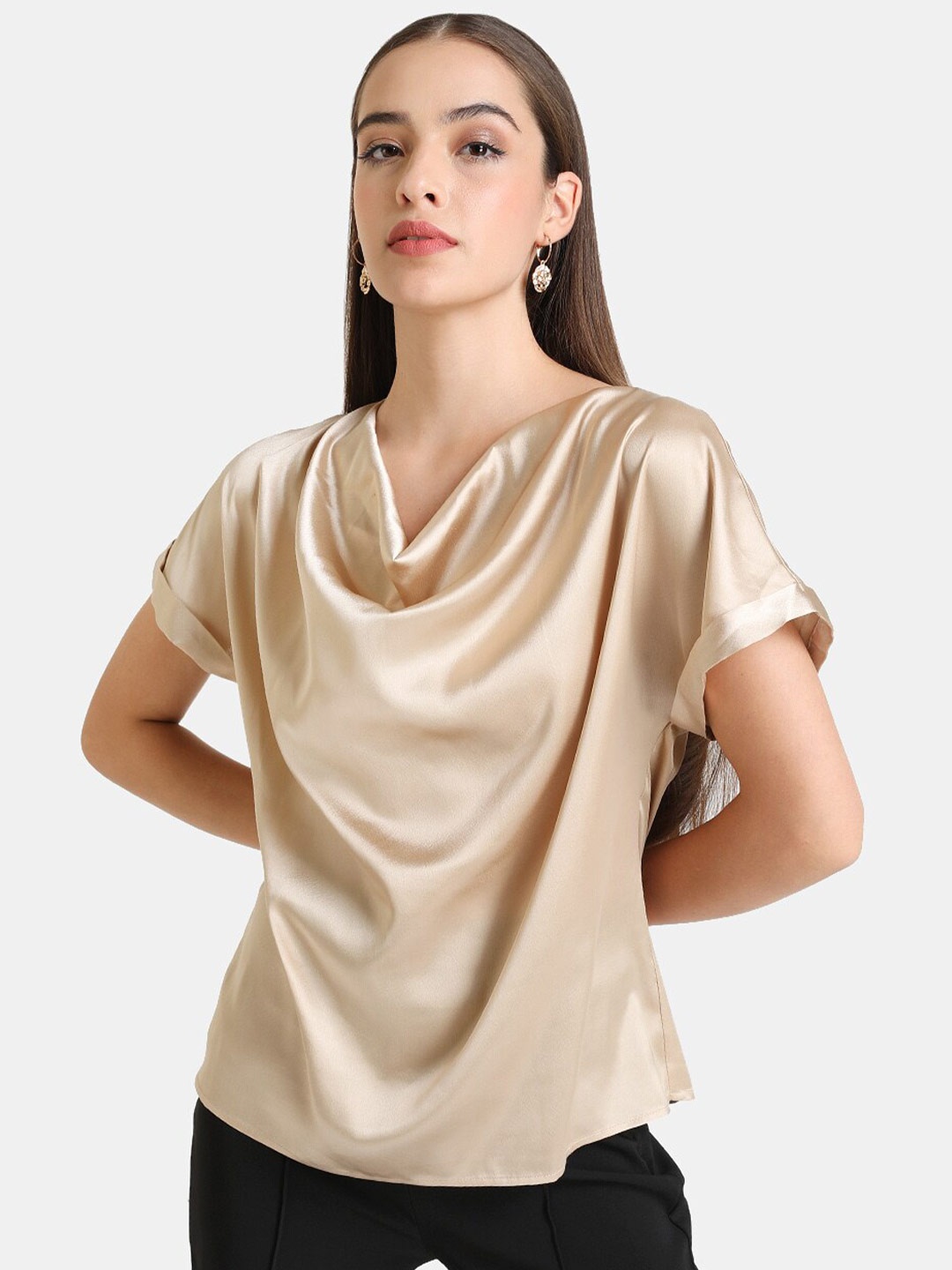 

Kazo Women Beige Cowl Neck Extended Sleeves Regular Top