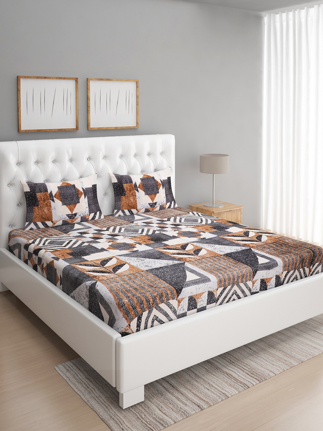 

ROMEE Multicoloured Geometric 144 TC Microfiber Queen Bedsheet with 2 Pillow Covers, Multi