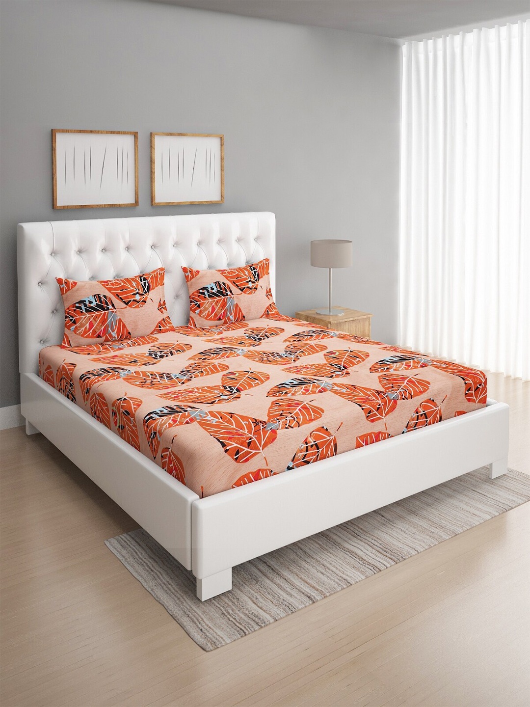 

ROMEE Leaf Printed 144 TC Microfiber Queen Bedsheet With 2 Pillow Covers, Brown