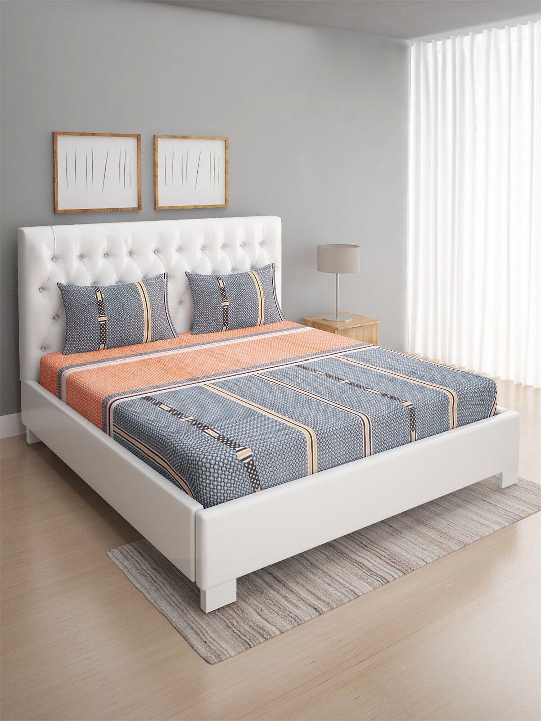 

ROMEE Grey & Peach-Coloured Geometric 186 TC Queen Bedsheet with 2 Pillow Covers