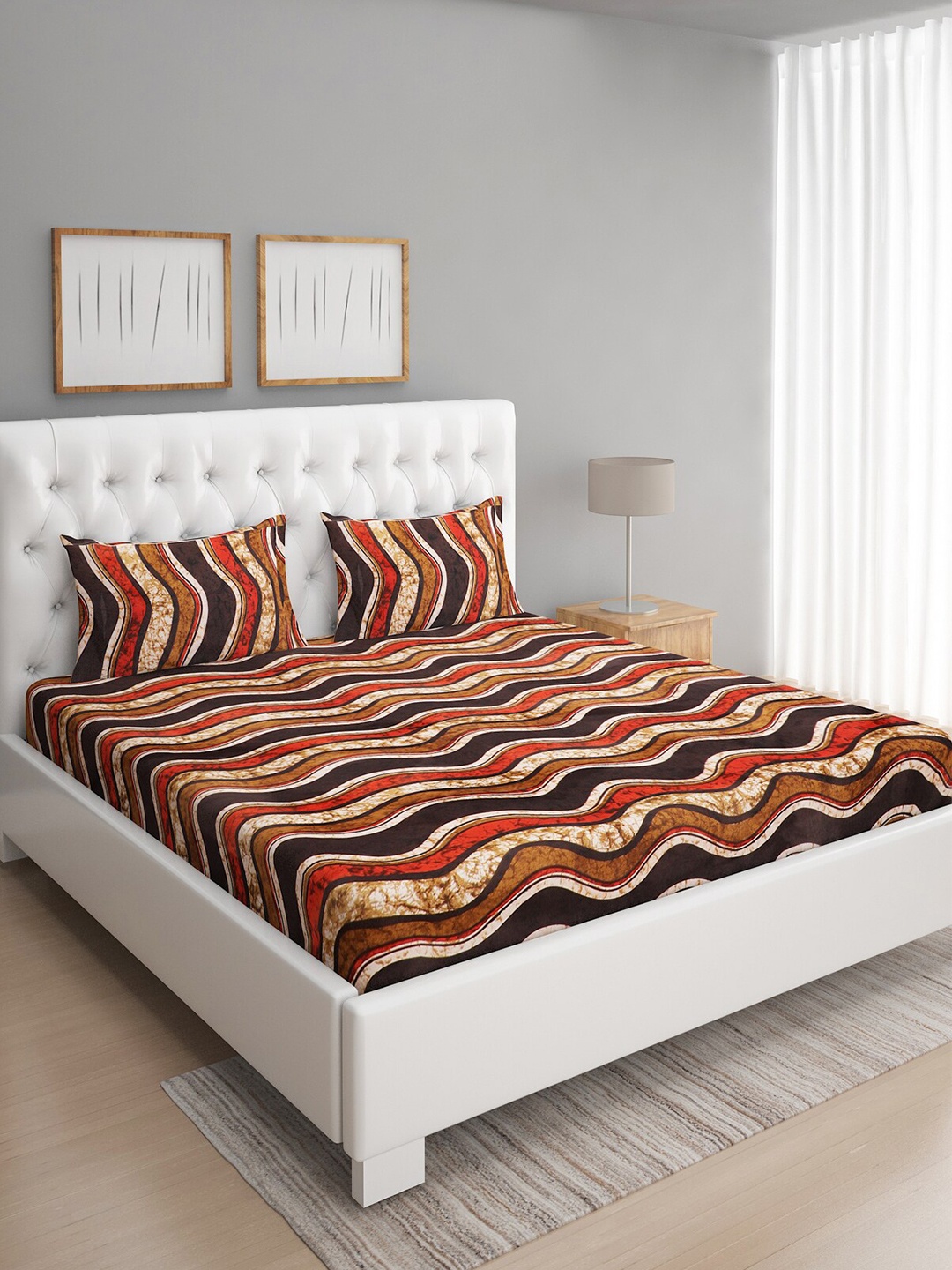 

ROMEE Geometric Print 144 TC Microfiber Queen Bedsheet with 2 Pillow Covers, Brown