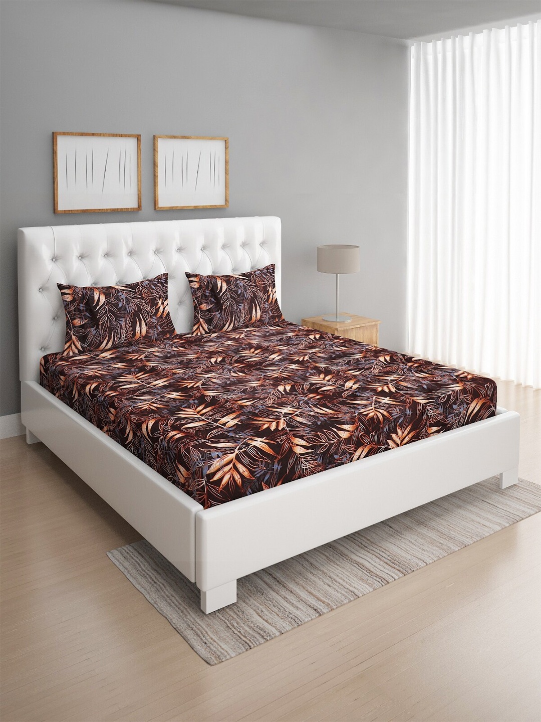 

ROMEE Coffee Brown Leafy 144 TC Microfiber Queen Bedsheet with 2 Pillow Covers