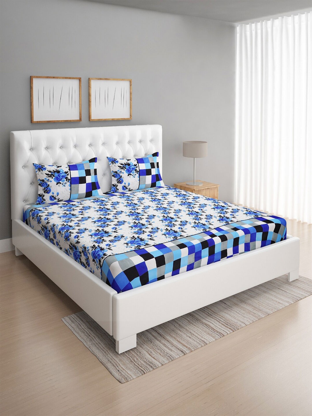 

ROMEE White & Blue Floral 144 TC Microfiber Queen Bedsheet with 2 Pillow Covers