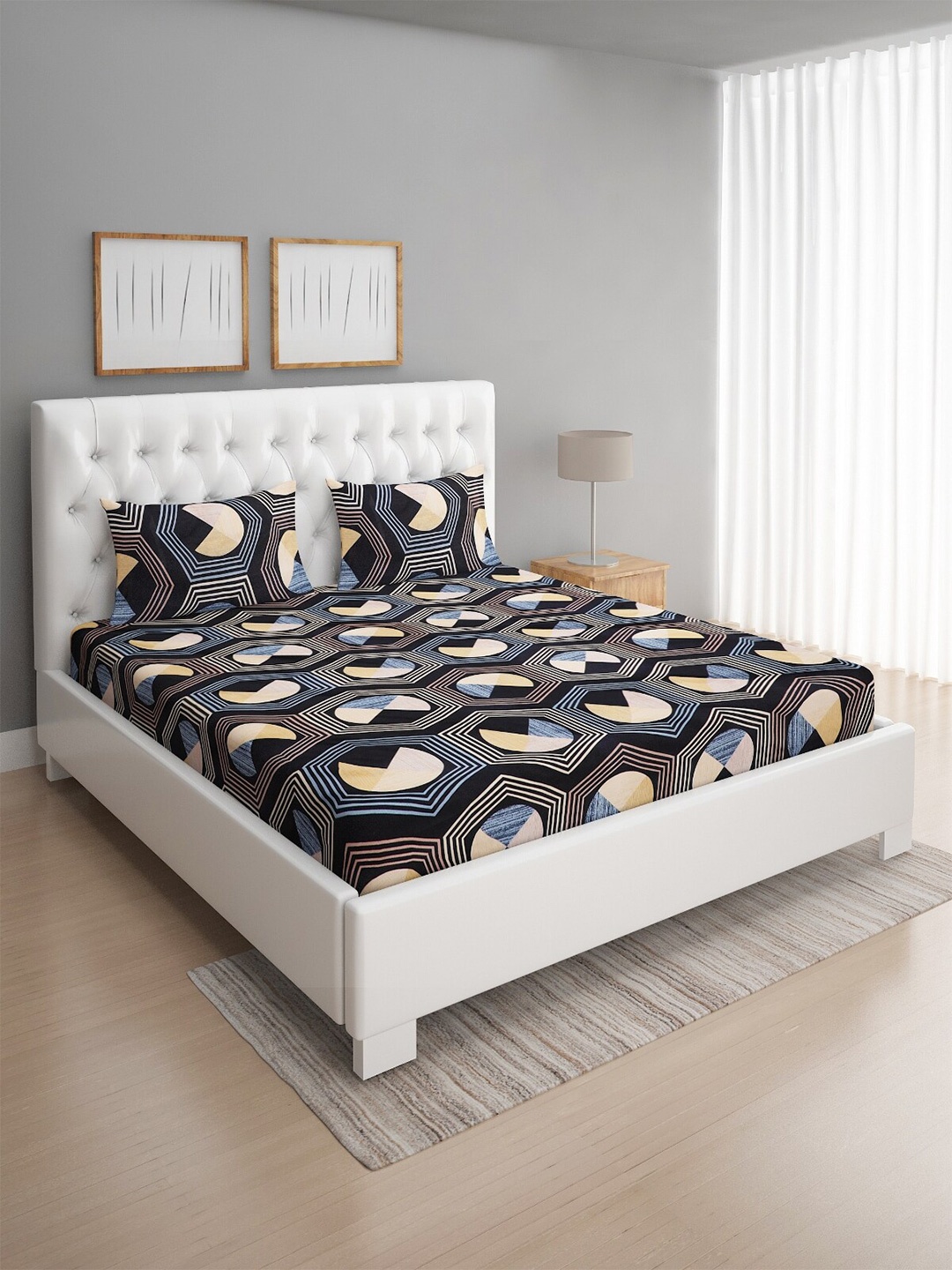 

ROMEE Black & Blue Geometric 144 TC Microfiber Queen Bedsheet with 2 Pillow Covers
