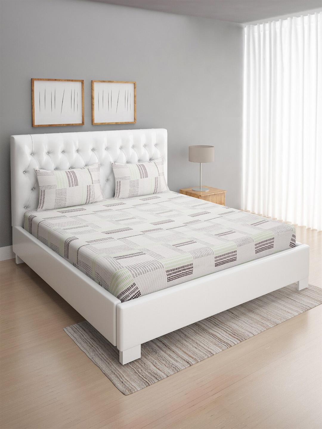 

ROMEE Off White & Green 186 TC Queen Bedsheet with 2 Pillow Covers