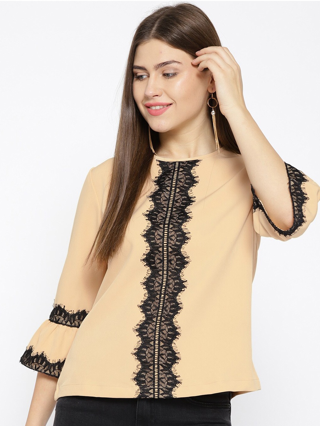 

Xpose Women Beige & Black Bell Sleeve Lace Inserts A-Line Top