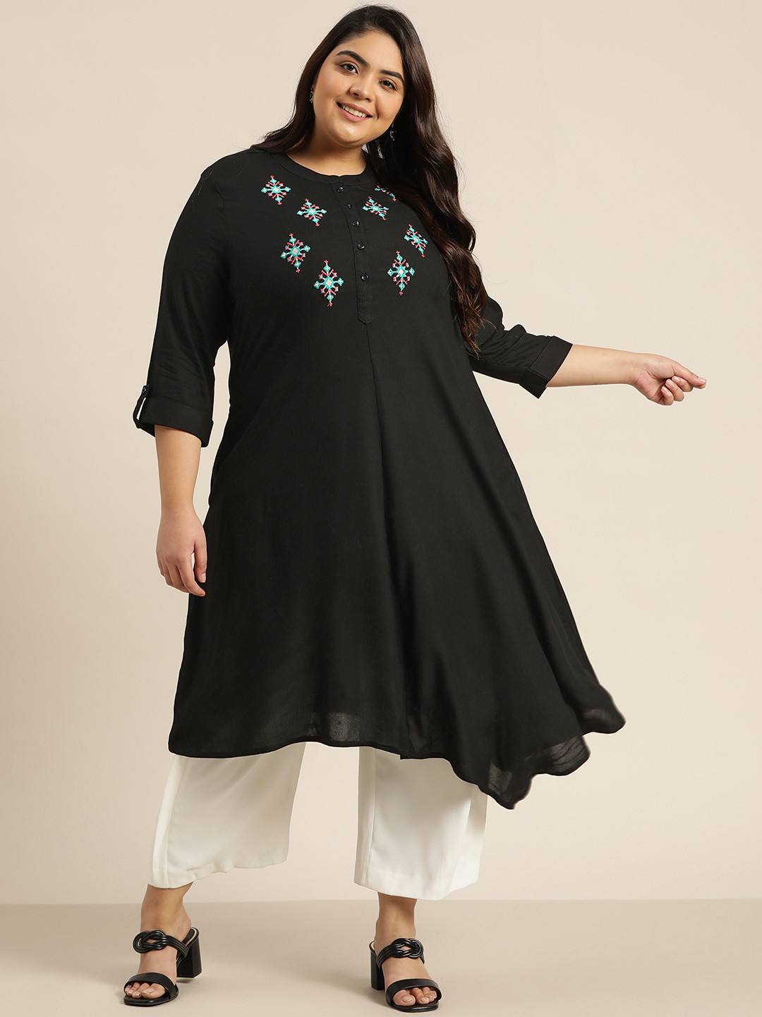 

Sztori Women Plus Size Black Ethnic Motifs Thread Work Pleated Asymmetric EcoVero Kurta