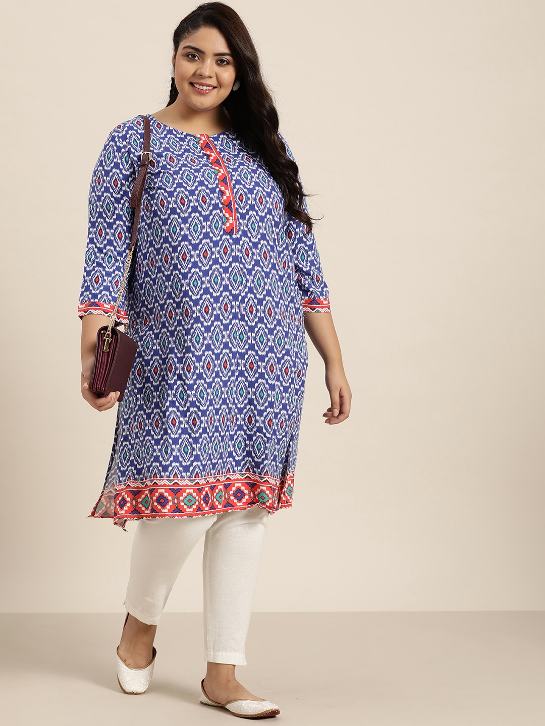 

Sztori Women Plus Size Blue & White EcoVero Ethnic Motifs Printed Kurta