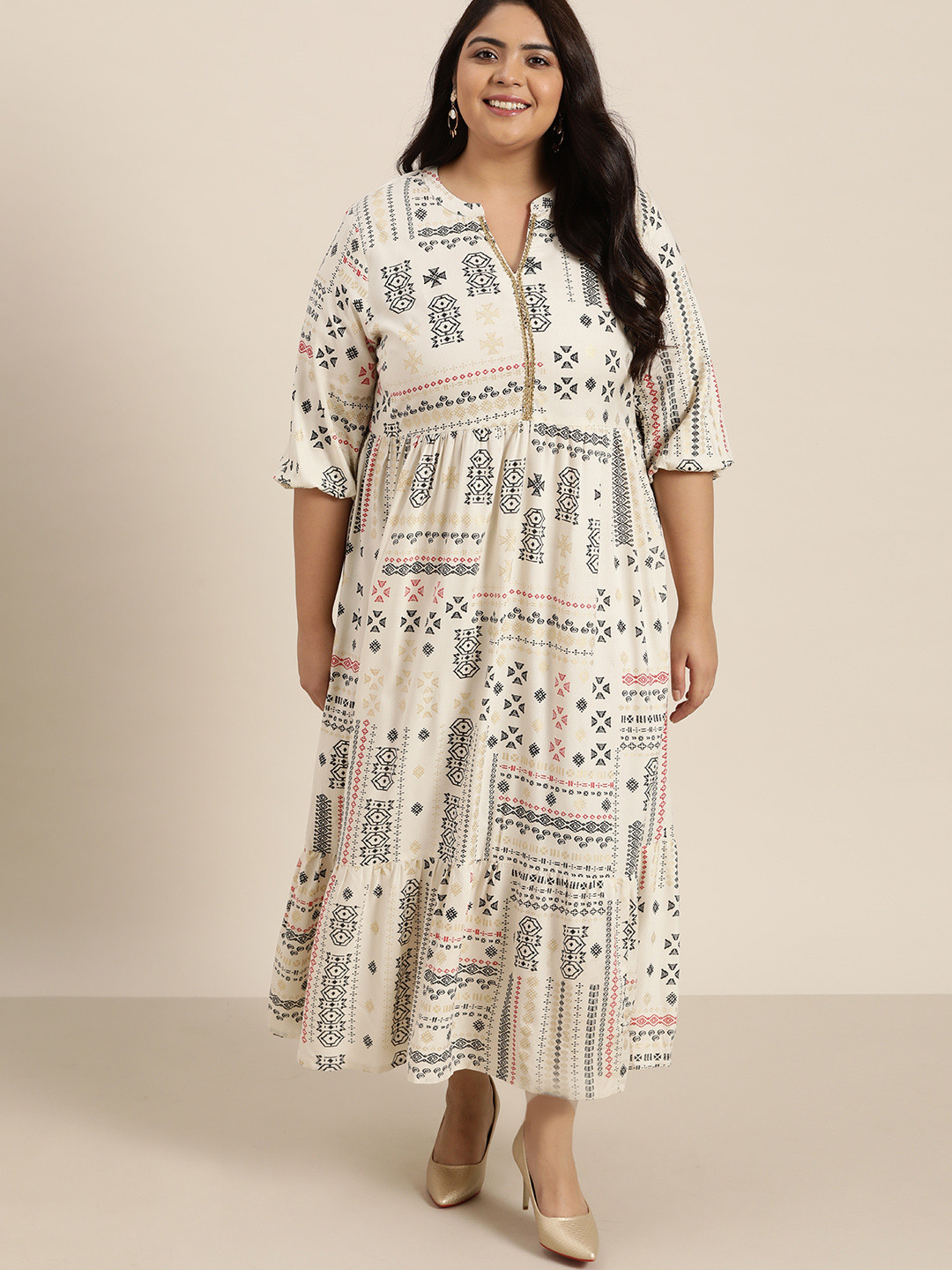 

Sztori Plus Size Off White & Black Ecovero Tribal Print Maxi Dress